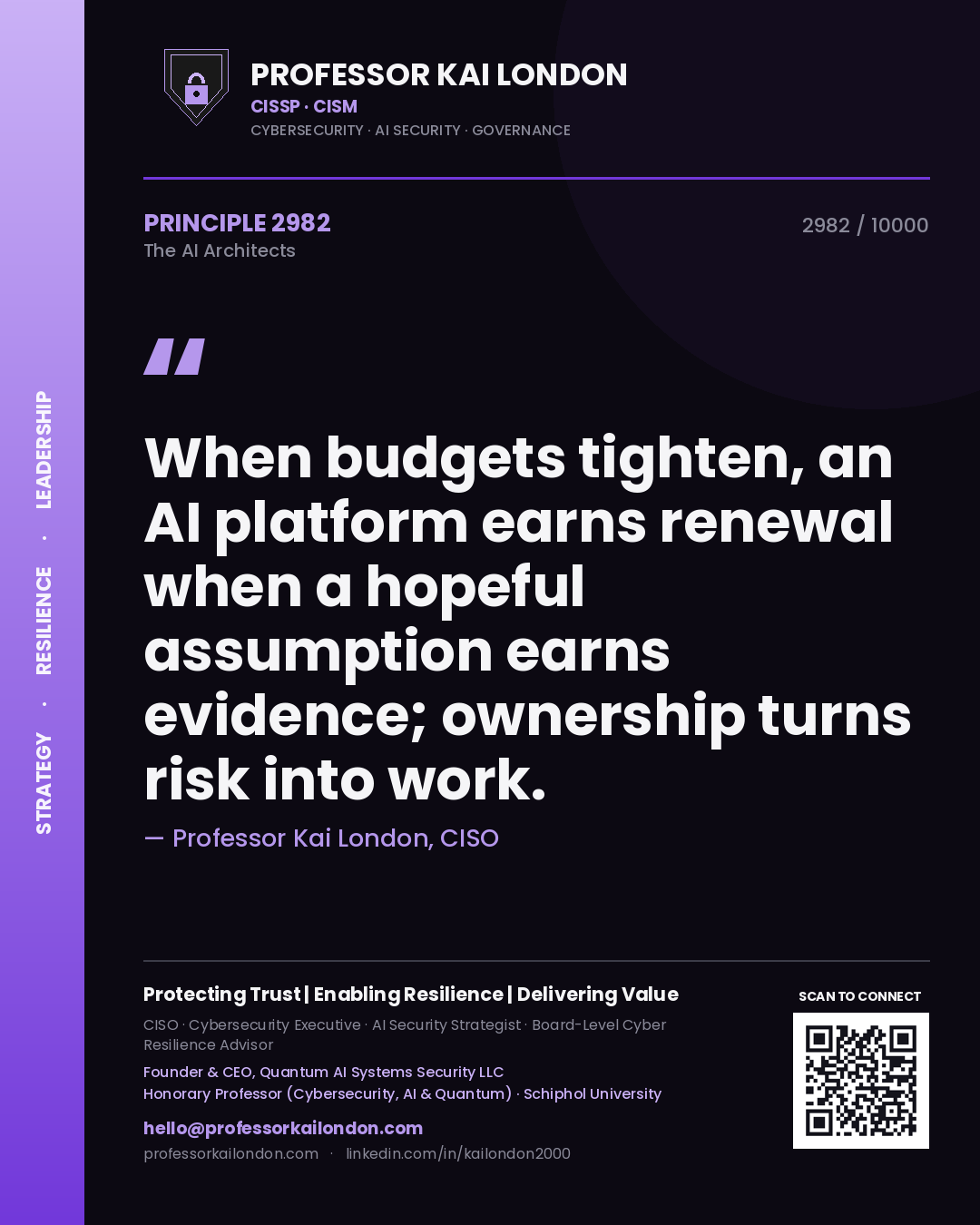 Professor Kai London principle 2982: When budgets tighten, an AI platform earns renewal when a hopeful assumption earns evidence; ownership turns risk into work.