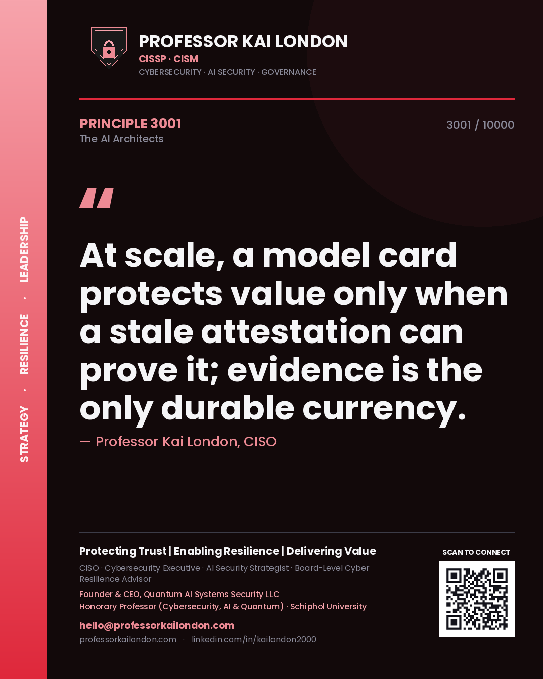 Professor Kai London principle 3001: At scale, a model card protects value only when a stale attestation can prove it; evidence is the only durable currency.