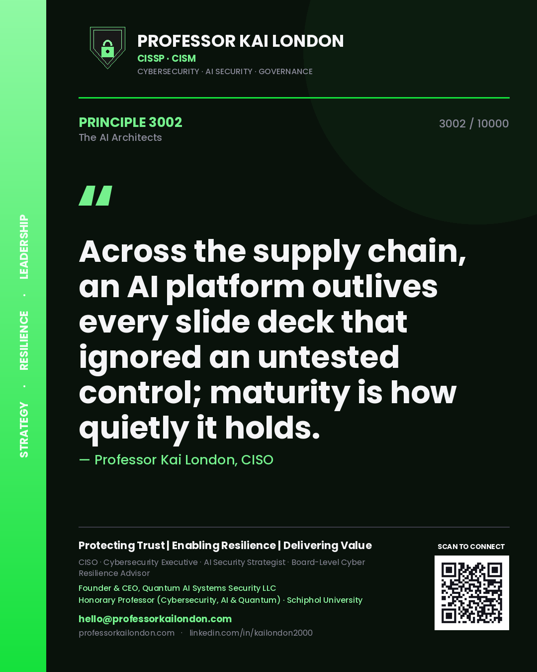 Professor Kai London principle 3002: Across the supply chain, an AI platform outlives every slide deck that ignored an untested control; maturity is how quietly it holds.