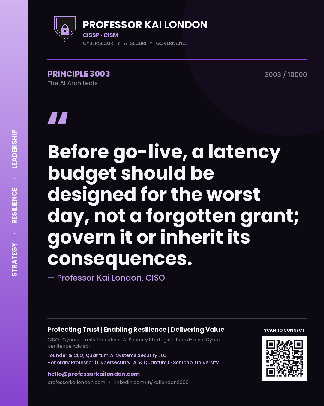 Professor Kai London principle 3003: Before go-live, a latency budget should be designed for the worst day, not a forgotten grant; govern it or inherit its consequences.