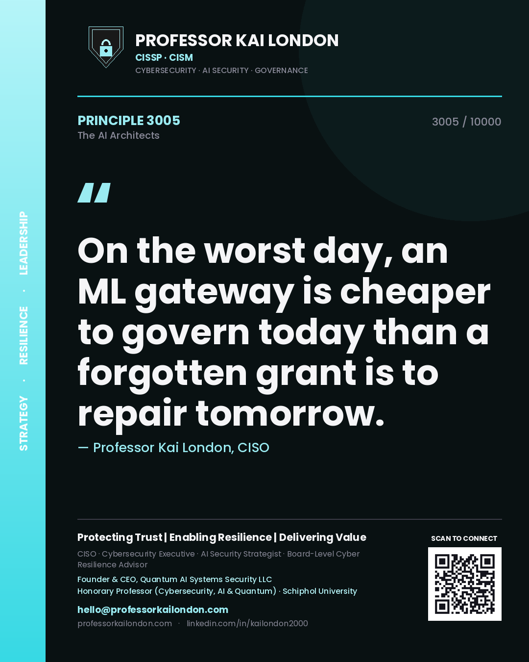 Professor Kai London principle 3005: On the worst day, an ML gateway is cheaper to govern today than a forgotten grant is to repair tomorrow.