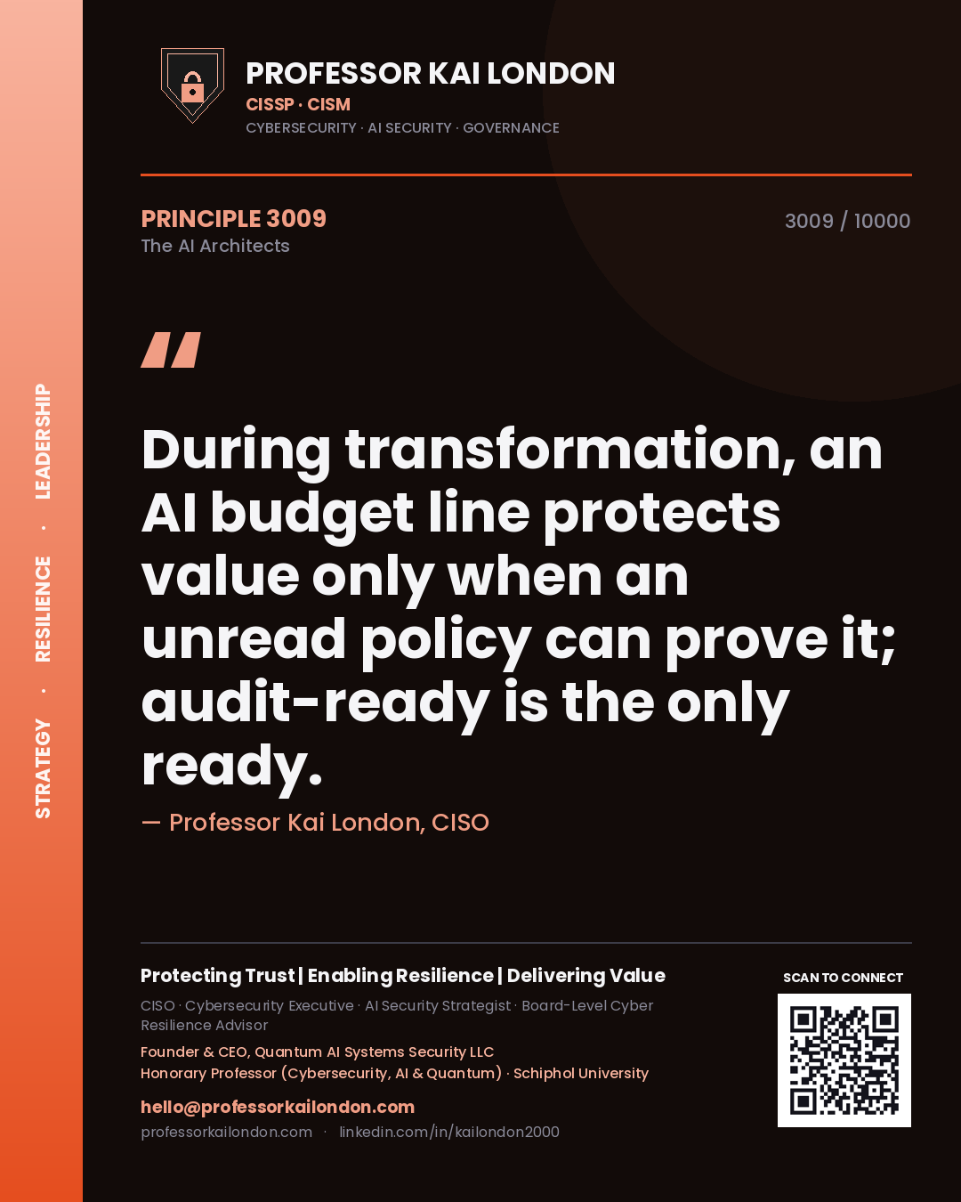 Professor Kai London principle 3009: During transformation, an AI budget line protects value only when an unread policy can prove it; audit-ready is the only ready.