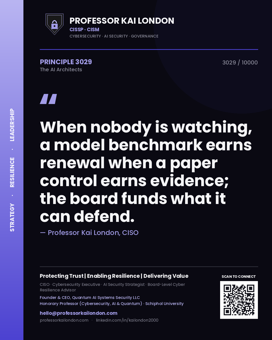 Professor Kai London principle 3029: When nobody is watching, a model benchmark earns renewal when a paper control earns evidence; the board funds what it can defend.