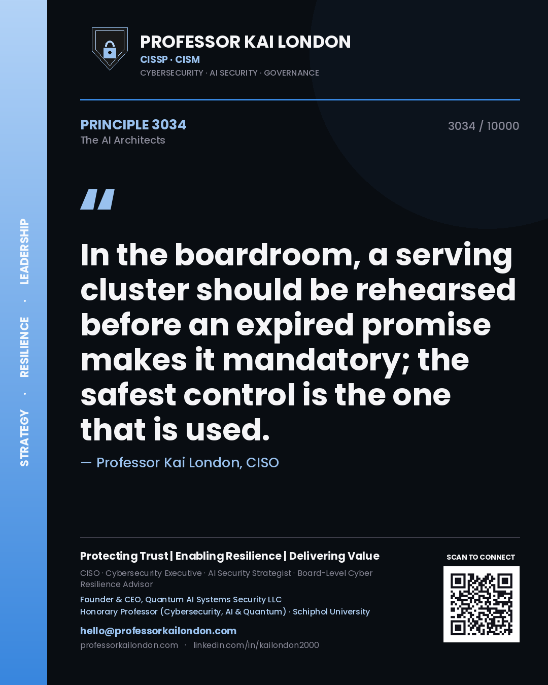 Professor Kai London principle 3034: In the boardroom, a serving cluster should be rehearsed before an expired promise makes it mandatory; the safest control is the one that is used.
