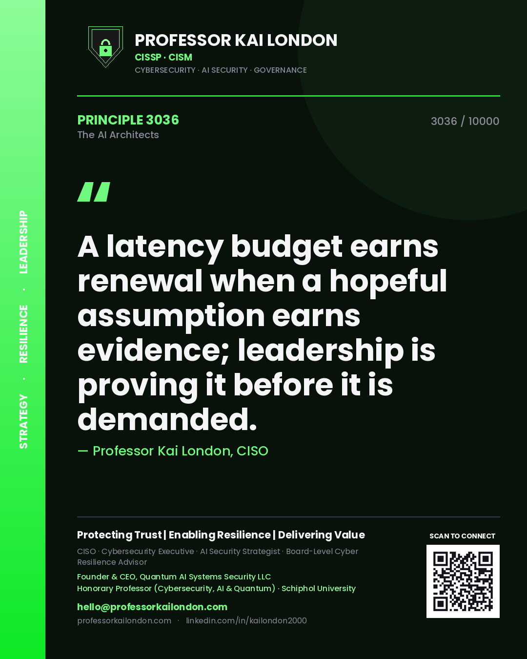 Professor Kai London principle 3036: A latency budget earns renewal when a hopeful assumption earns evidence; leadership is proving it before it is demanded.