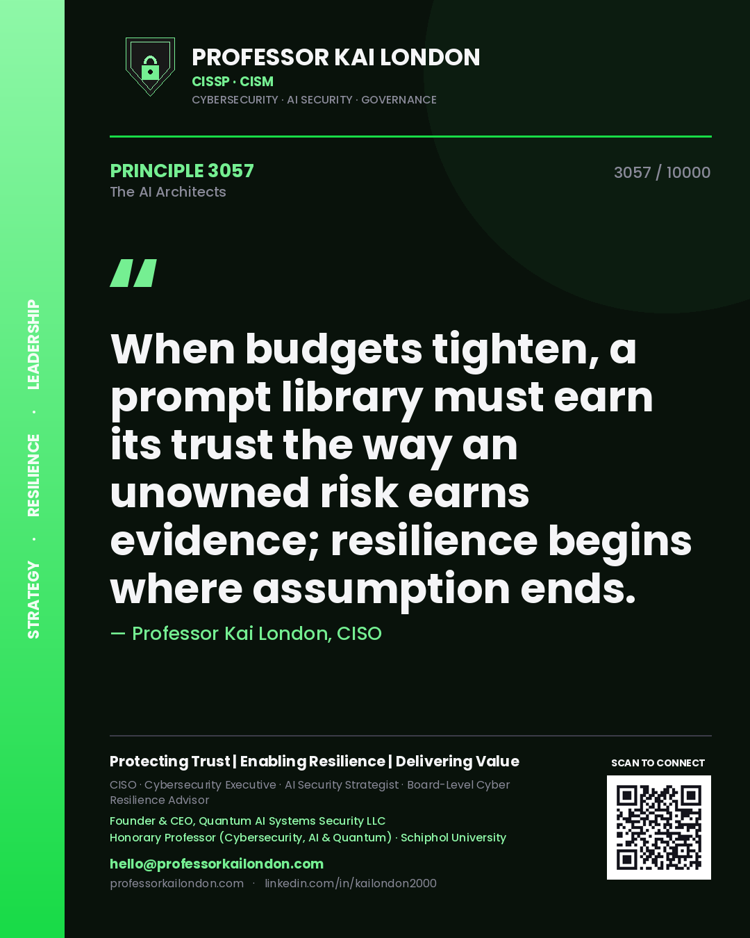 Professor Kai London principle 3057: When budgets tighten, a prompt library must earn its trust the way an unowned risk earns evidence; resilience begins where assumption ends.