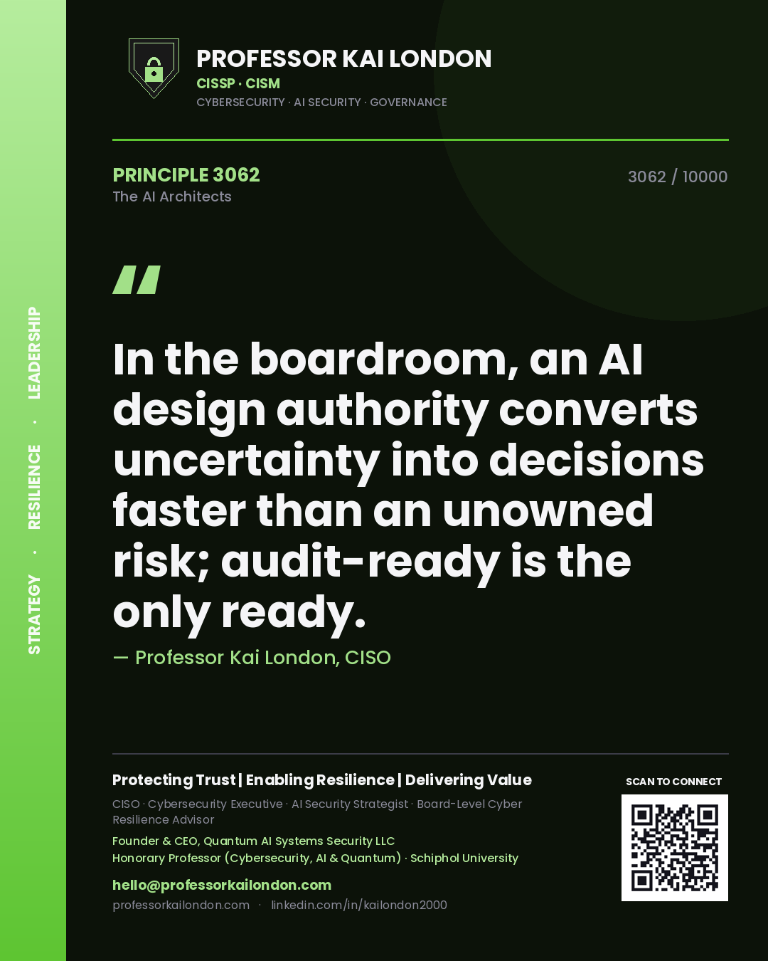 Professor Kai London principle 3062: In the boardroom, an AI design authority converts uncertainty into decisions faster than an unowned risk; audit-ready is the only ready.