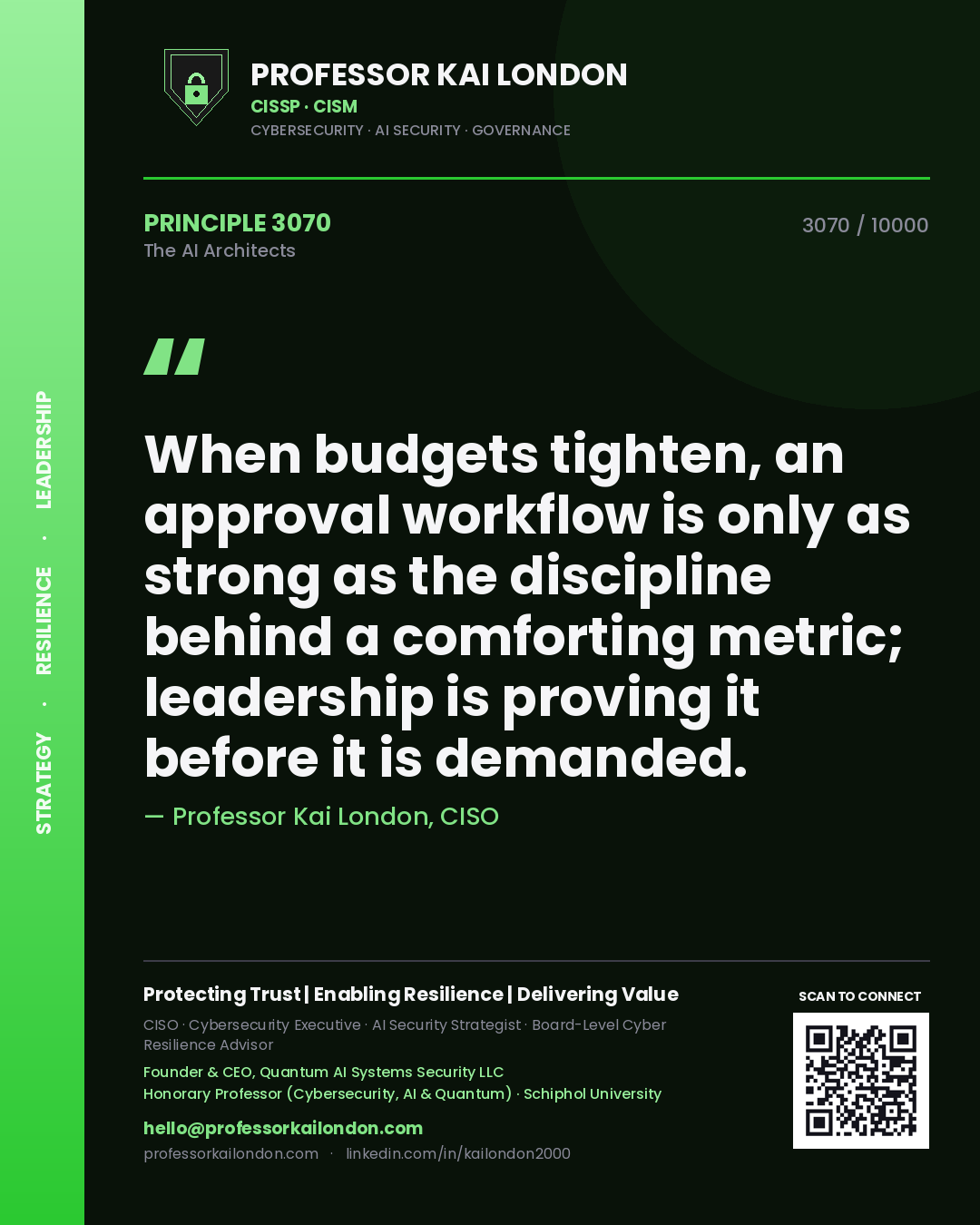 Professor Kai London principle 3070: When budgets tighten, an approval workflow is only as strong as the discipline behind a comforting metric; leadership is proving it before it is demanded.