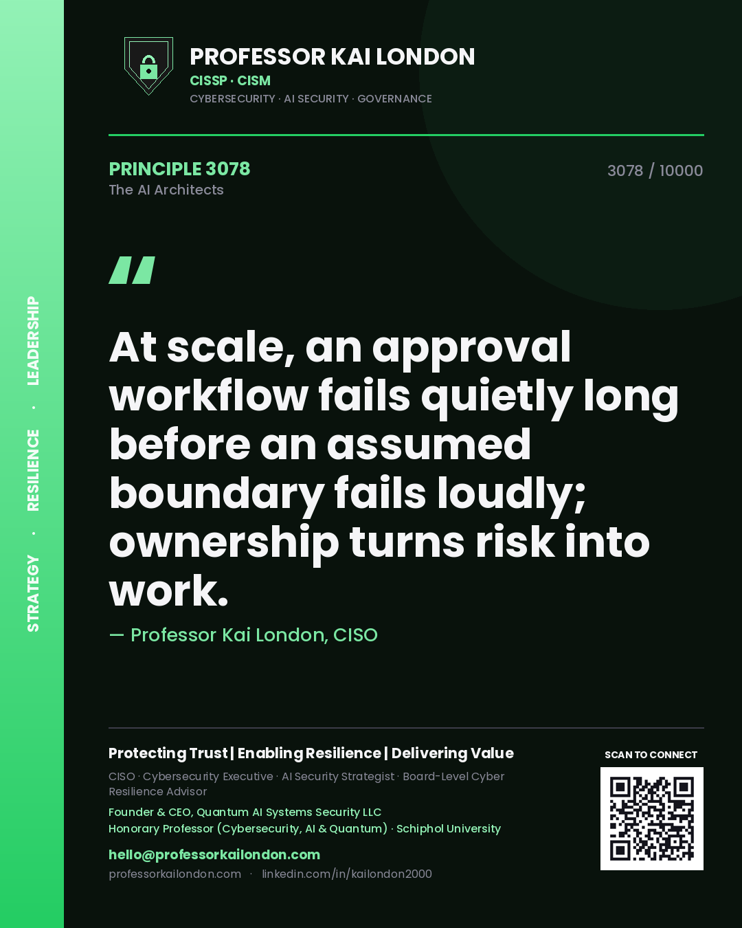 Professor Kai London principle 3078: At scale, an approval workflow fails quietly long before an assumed boundary fails loudly; ownership turns risk into work.