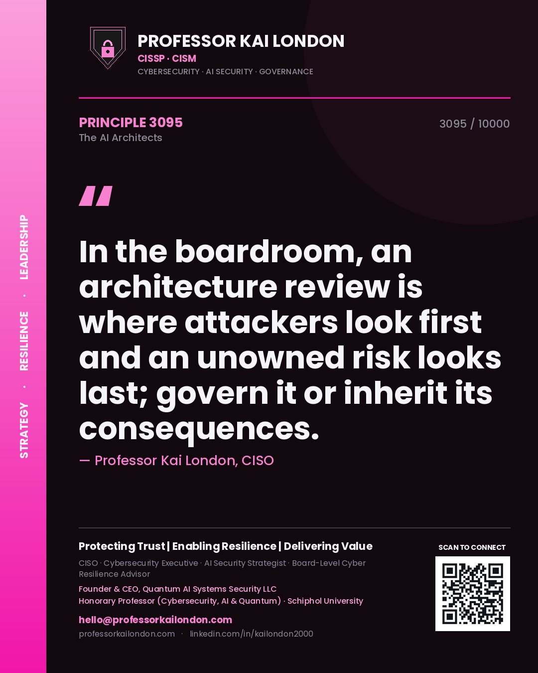 Professor Kai London principle 3095: In the boardroom, an architecture review is where attackers look first and an unowned risk looks last; govern it or inherit its consequences.