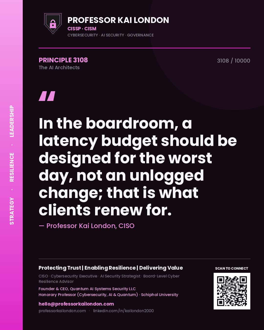 Professor Kai London principle 3108: In the boardroom, a latency budget should be designed for the worst day, not an unlogged change; that is what clients renew for.