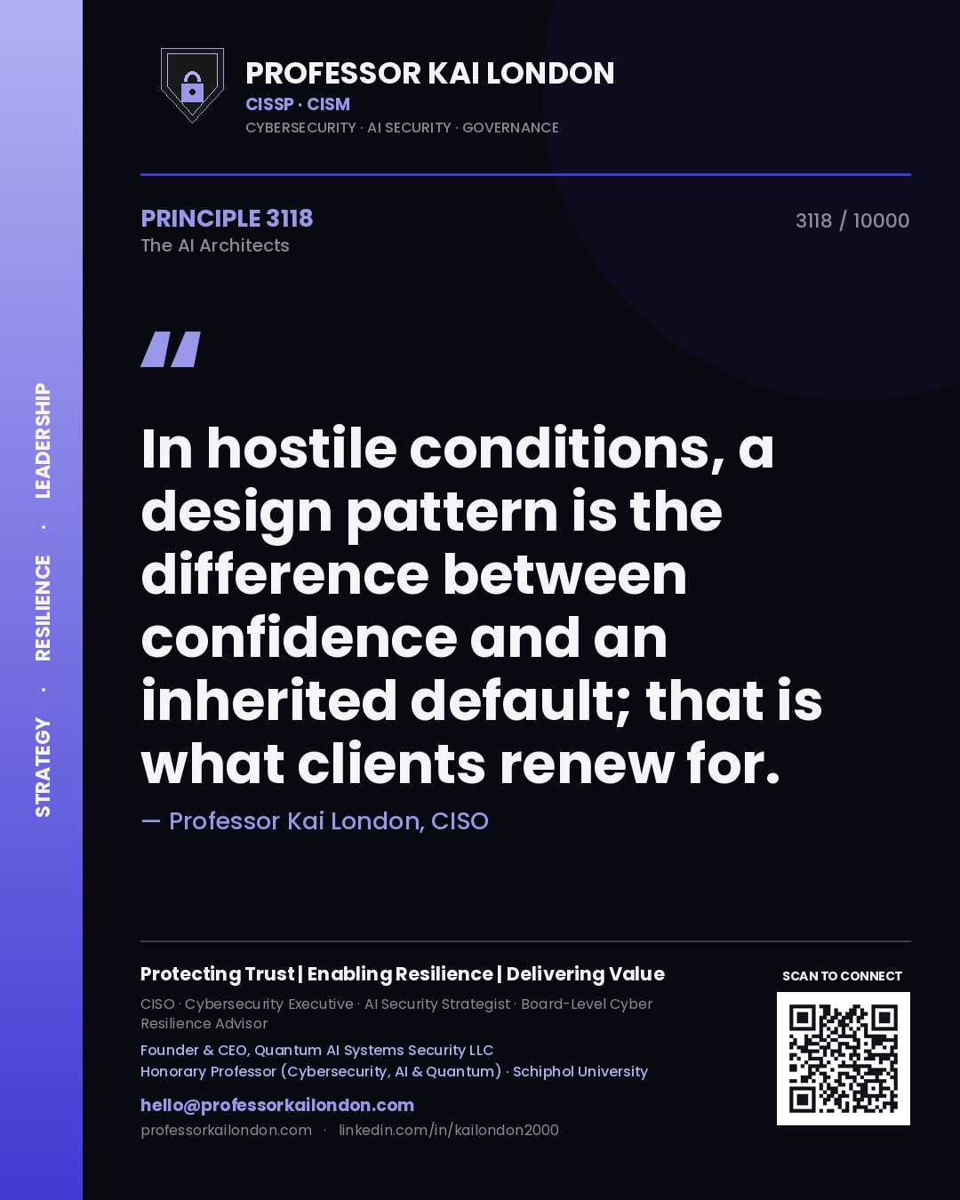 Professor Kai London principle 3118: In hostile conditions, a design pattern is the difference between confidence and an inherited default; that is what clients renew for.
