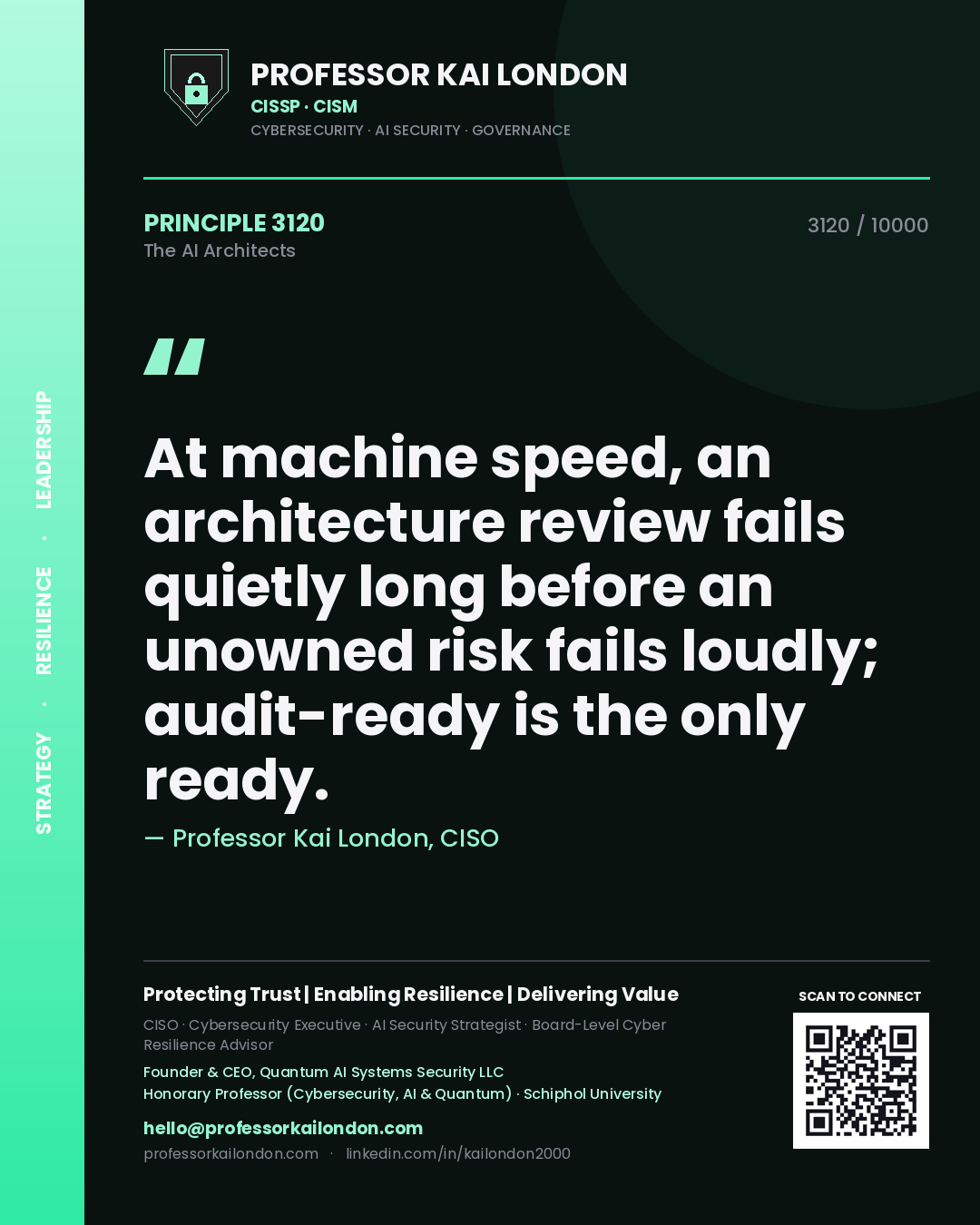 Professor Kai London principle 3120: At machine speed, an architecture review fails quietly long before an unowned risk fails loudly; audit-ready is the only ready.