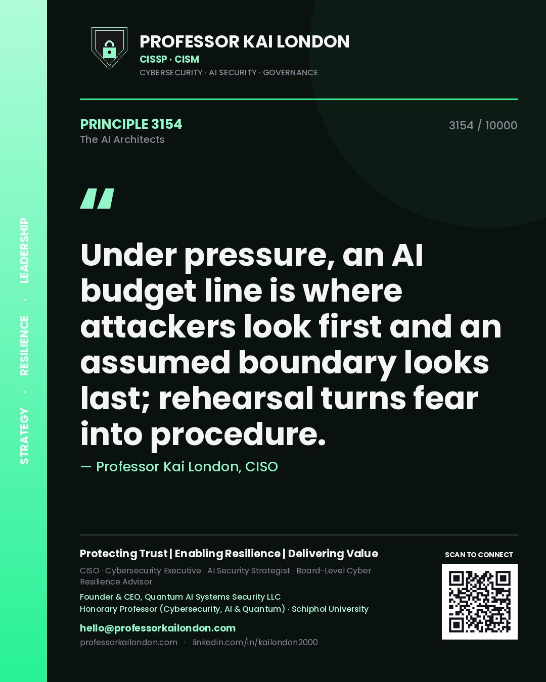 Professor Kai London principle 3154: Under pressure, an AI budget line is where attackers look first and an assumed boundary looks last; rehearsal turns fear into procedure.