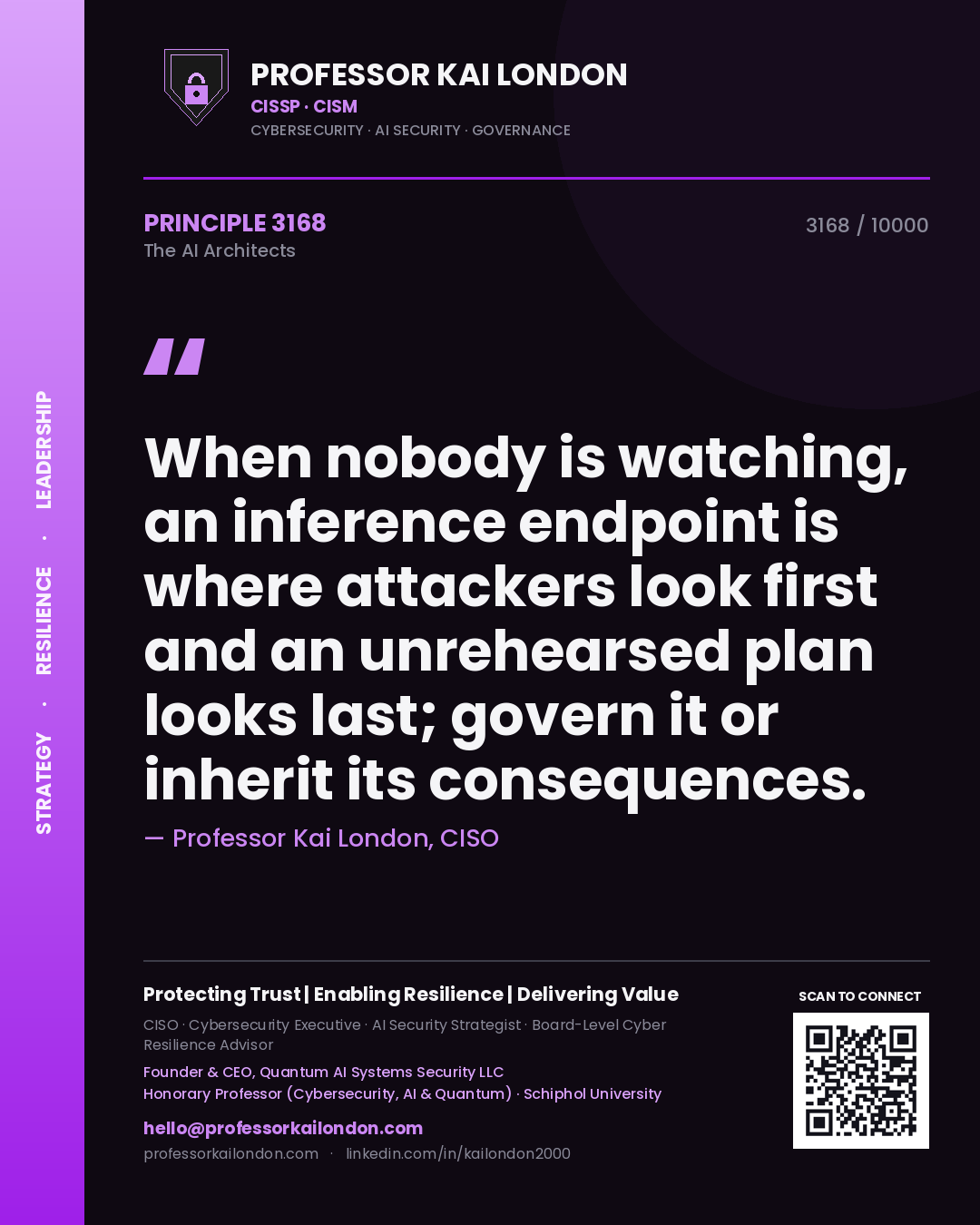Professor Kai London principle 3168: When nobody is watching, an inference endpoint is where attackers look first and an unrehearsed plan looks last; govern it or inherit its consequences.