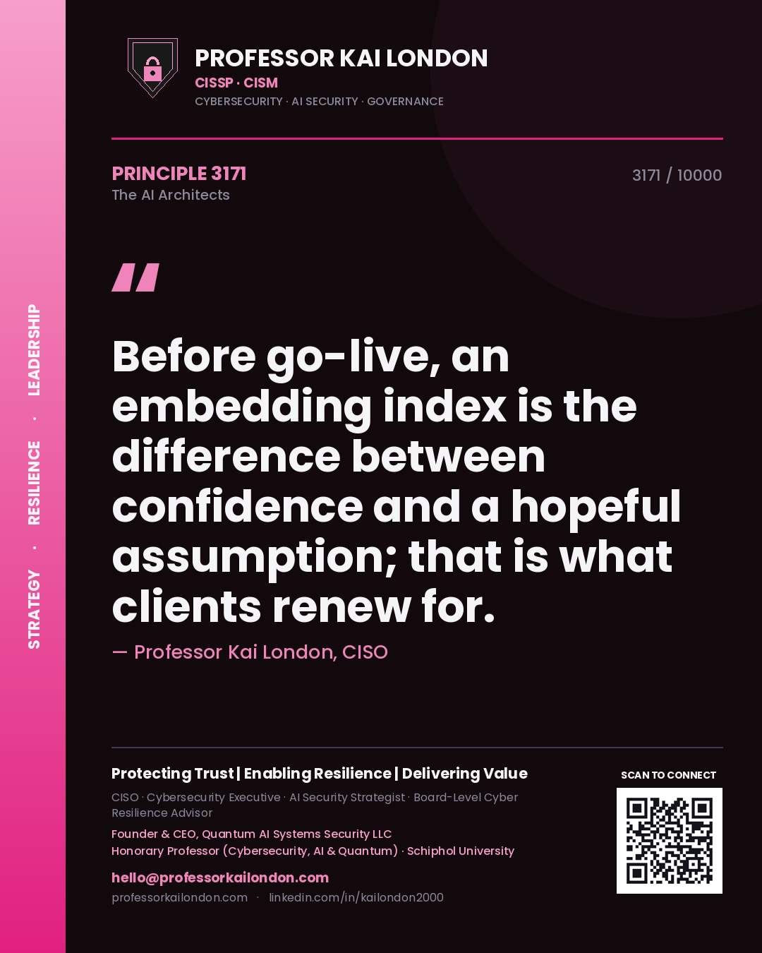 Professor Kai London principle 3171: Before go-live, an embedding index is the difference between confidence and a hopeful assumption; that is what clients renew for.