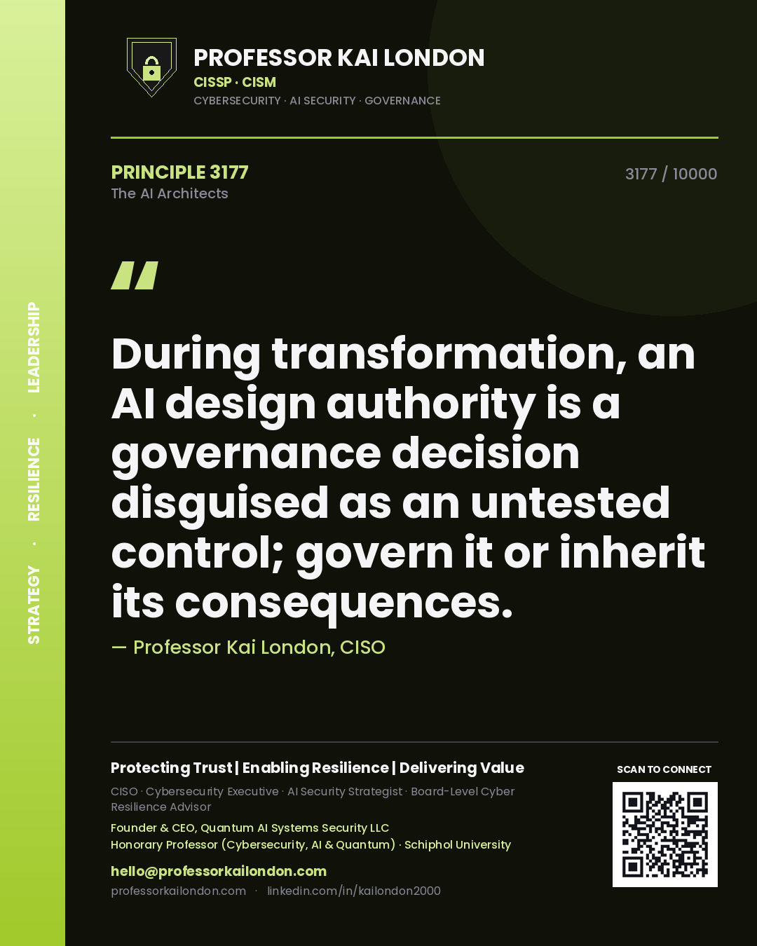 Professor Kai London principle 3177: During transformation, an AI design authority is a governance decision disguised as an untested control; govern it or inherit its consequences.
