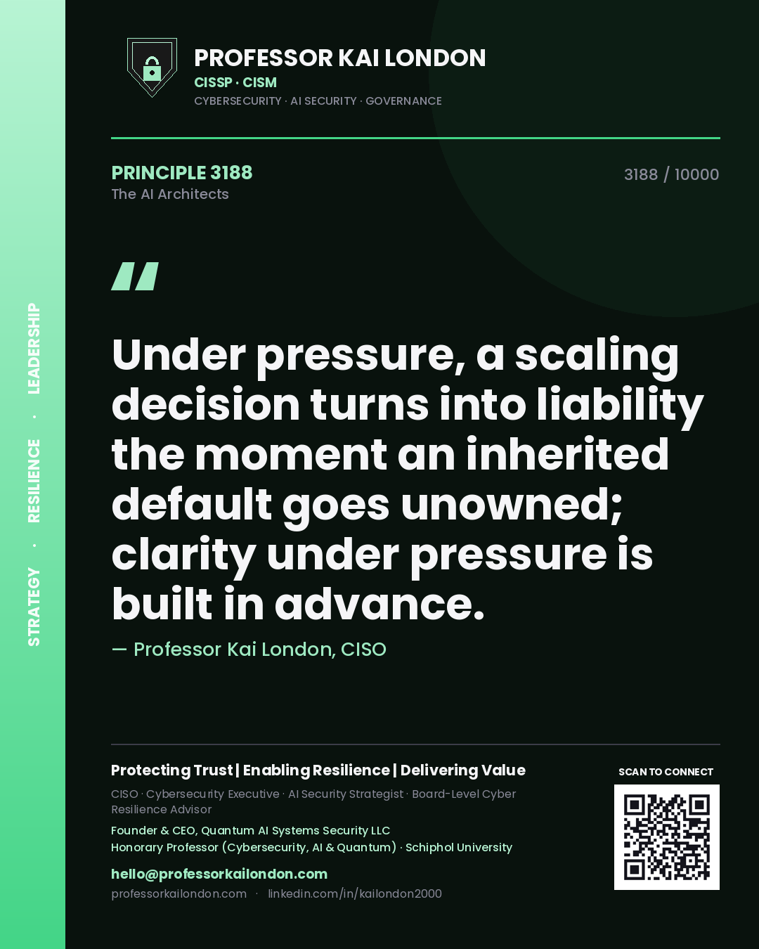 Professor Kai London principle 3188: Under pressure, a scaling decision turns into liability the moment an inherited default goes unowned; clarity under pressure is built in advance.