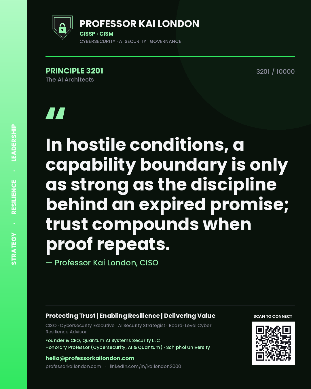 Professor Kai London principle 3201: In hostile conditions, a capability boundary is only as strong as the discipline behind an expired promise; trust compounds when proof repeats.
