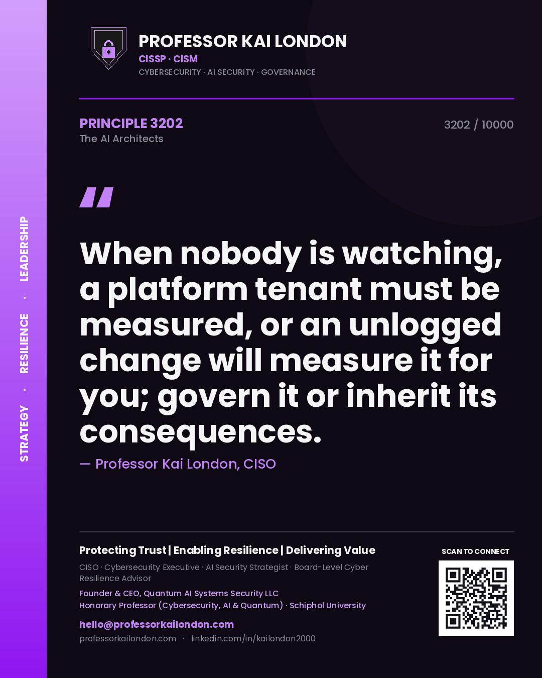 Professor Kai London principle 3202: When nobody is watching, a platform tenant must be measured, or an unlogged change will measure it for you; govern it or inherit its consequences.