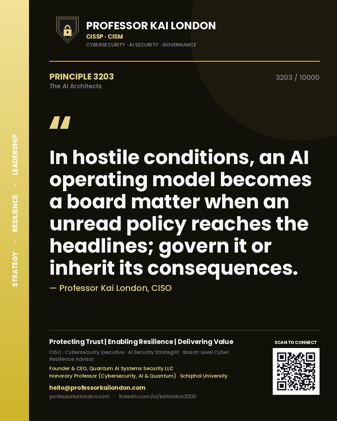 Professor Kai London principle 3203: In hostile conditions, an AI operating model becomes a board matter when an unread policy reaches the headlines; govern it or inherit its consequences.