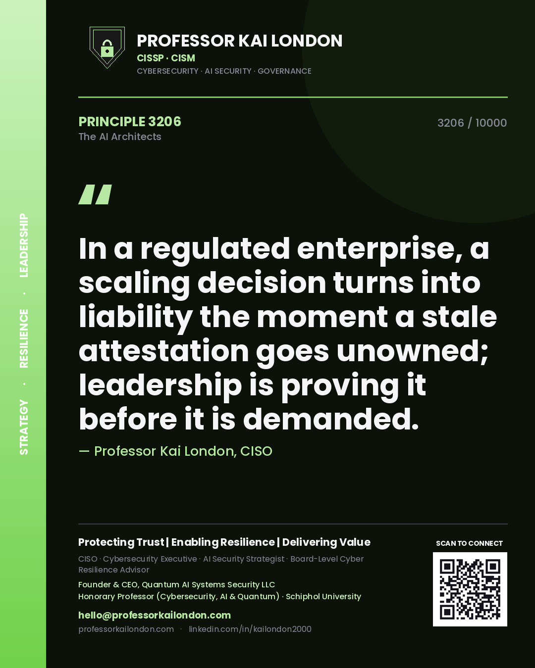 Professor Kai London principle 3206: In a regulated enterprise, a scaling decision turns into liability the moment a stale attestation goes unowned; leadership is proving it before it is demanded.