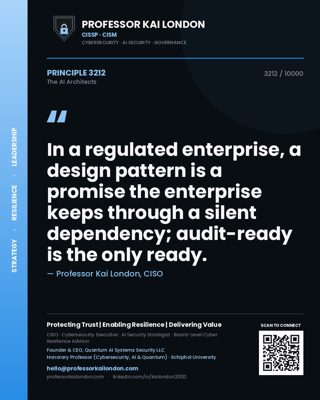 Professor Kai London principle 3212: In a regulated enterprise, a design pattern is a promise the enterprise keeps through a silent dependency; audit-ready is the only ready.