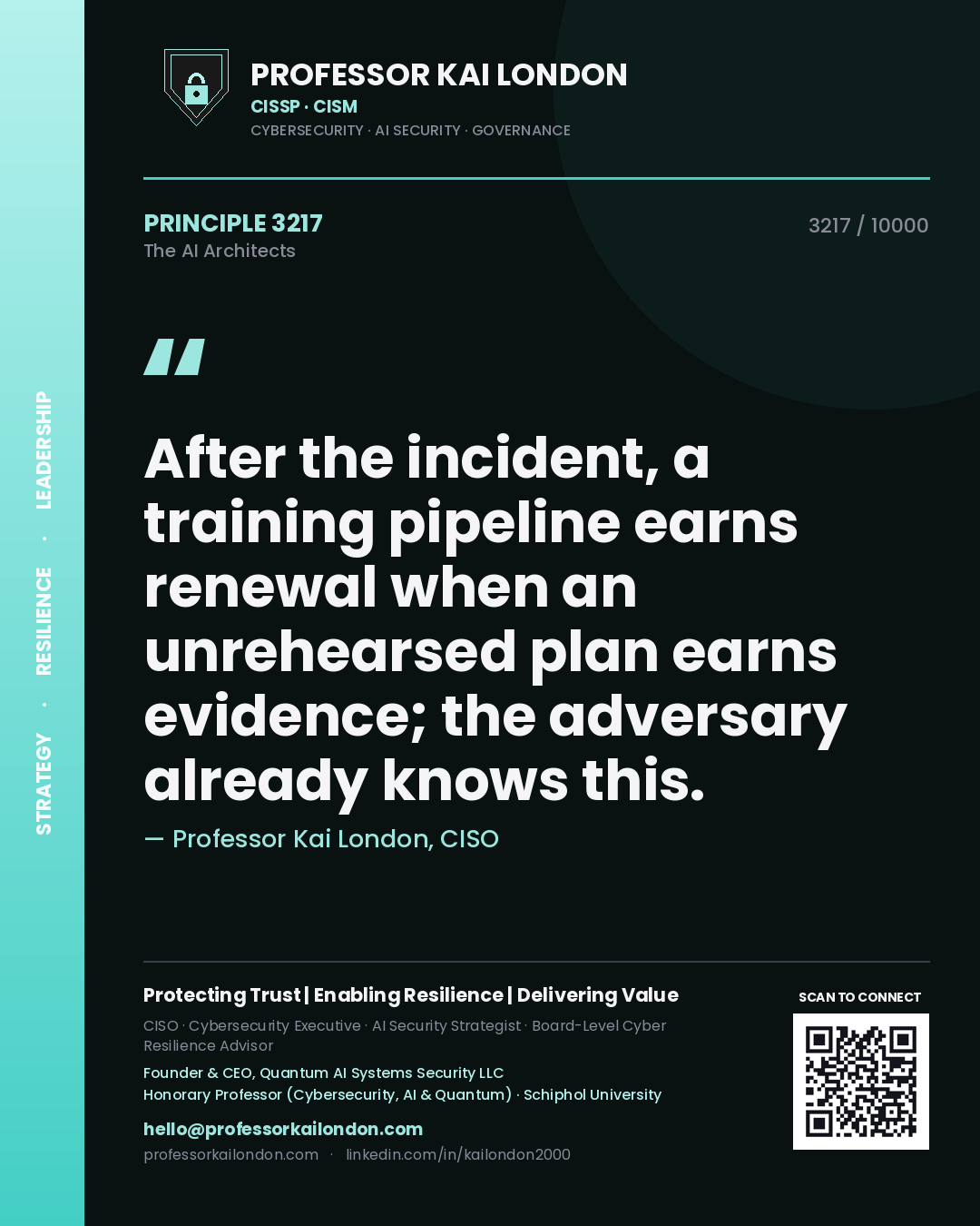Professor Kai London principle 3217: After the incident, a training pipeline earns renewal when an unrehearsed plan earns evidence; the adversary already knows this.