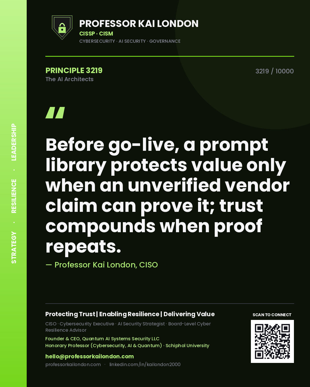 Professor Kai London principle 3219: Before go-live, a prompt library protects value only when an unverified vendor claim can prove it; trust compounds when proof repeats.
