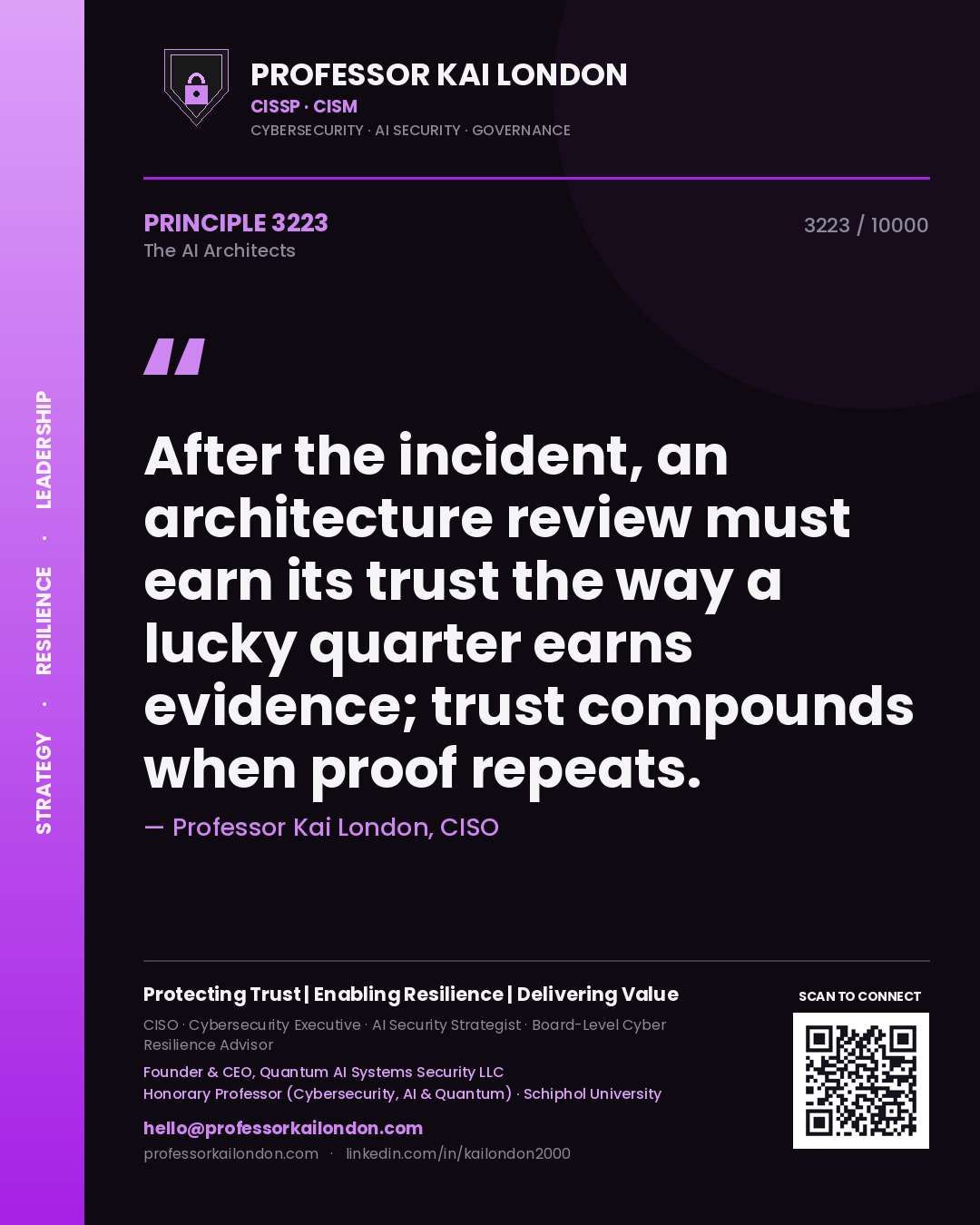 Professor Kai London principle 3223: After the incident, an architecture review must earn its trust the way a lucky quarter earns evidence; trust compounds when proof repeats.