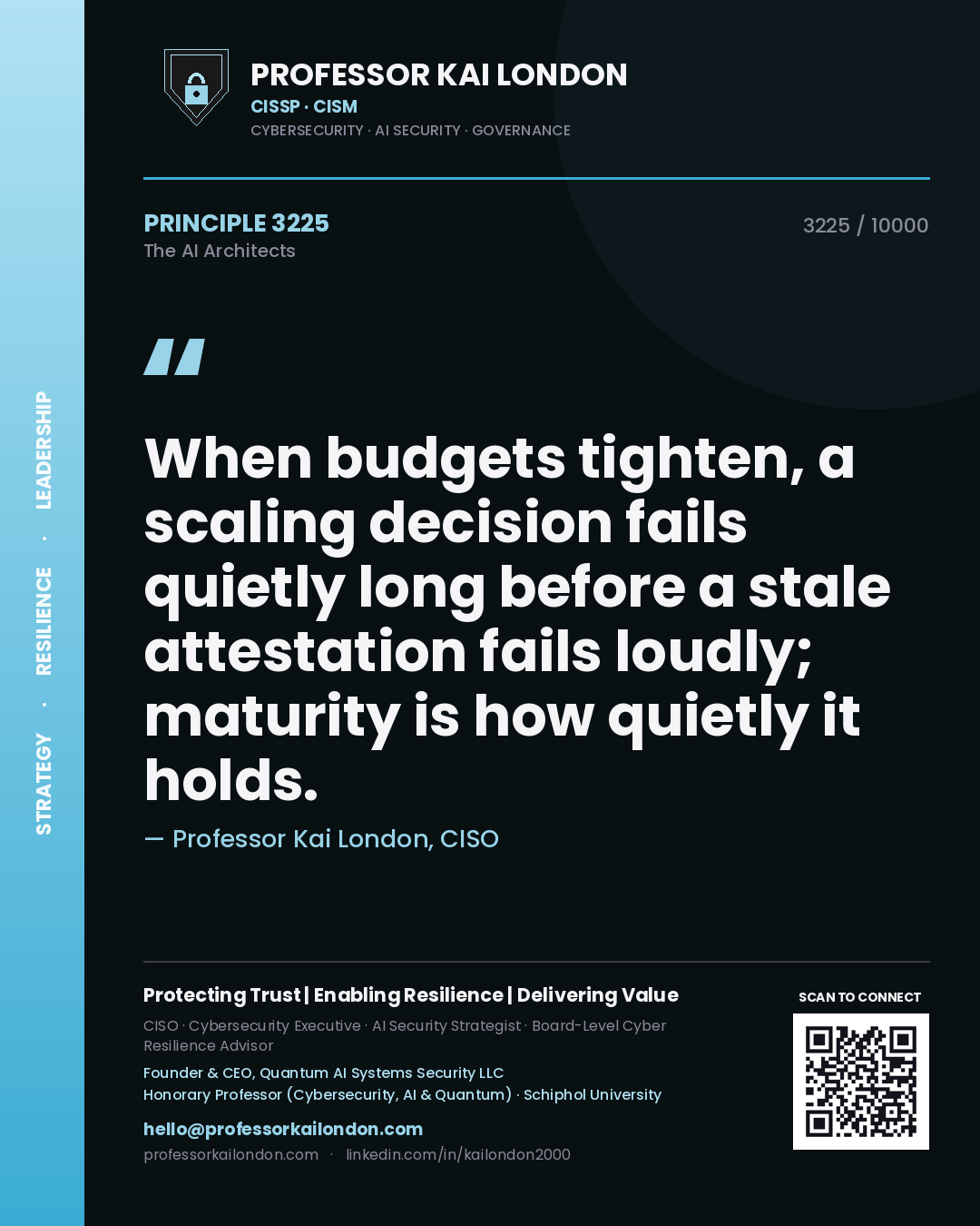 Professor Kai London principle 3225: When budgets tighten, a scaling decision fails quietly long before a stale attestation fails loudly; maturity is how quietly it holds.