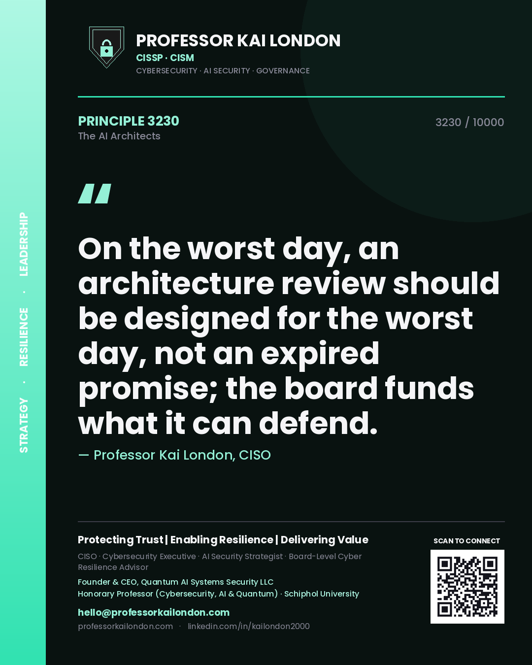 Professor Kai London principle 3230: On the worst day, an architecture review should be designed for the worst day, not an expired promise; the board funds what it can defend.