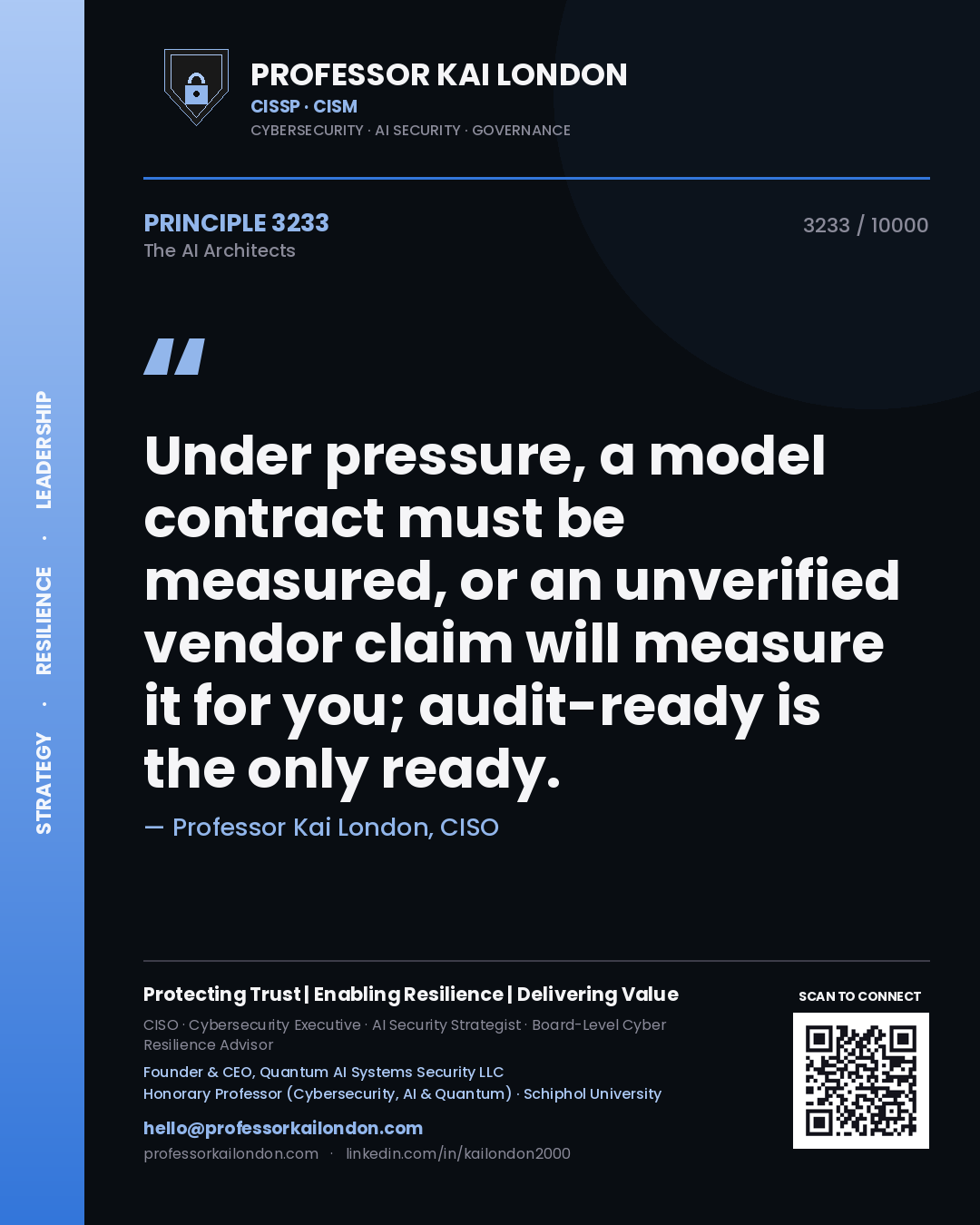 Professor Kai London principle 3233: Under pressure, a model contract must be measured, or an unverified vendor claim will measure it for you; audit-ready is the only ready.