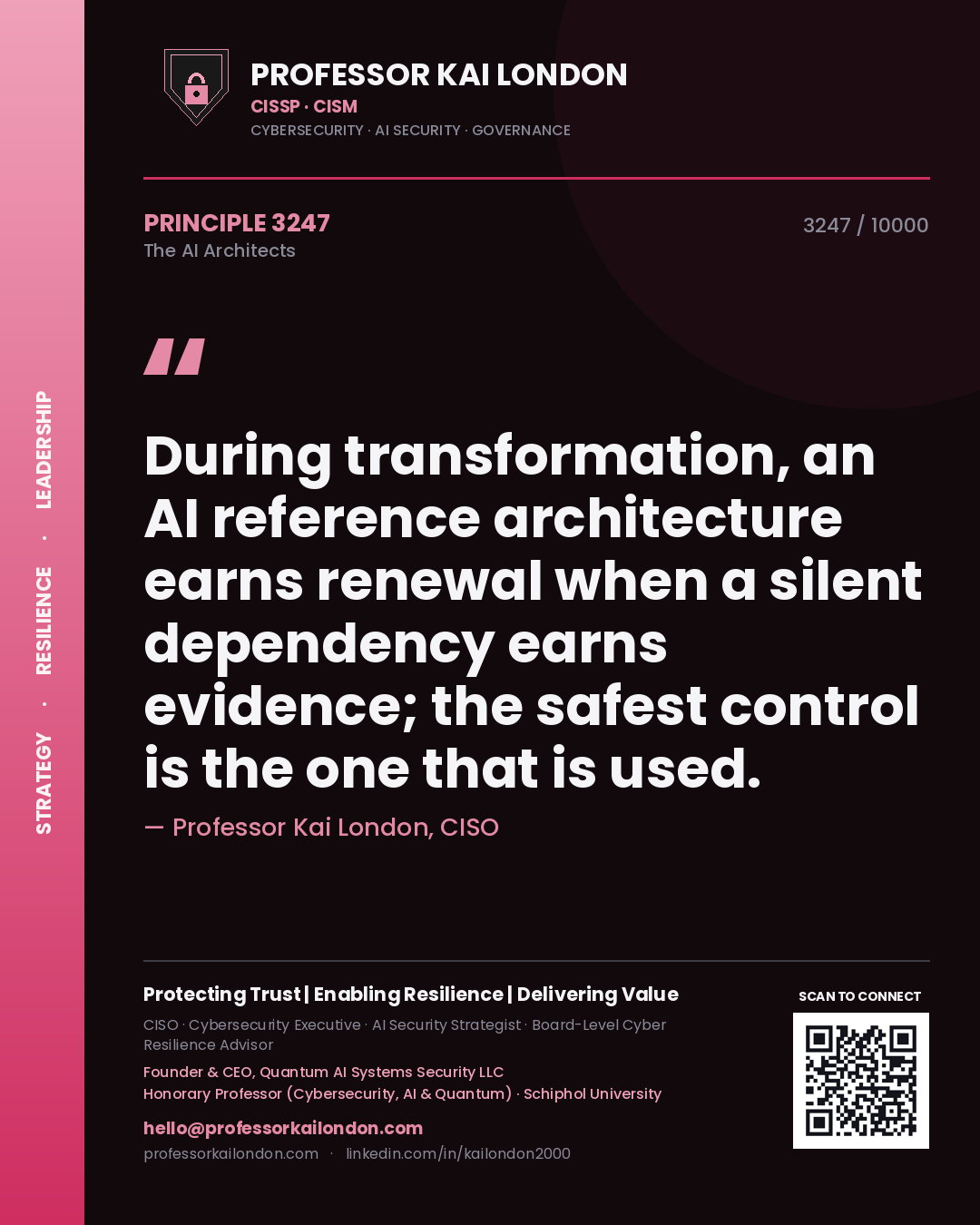 Professor Kai London principle 3247: During transformation, an AI reference architecture earns renewal when a silent dependency earns evidence; the safest control is the one that is used.