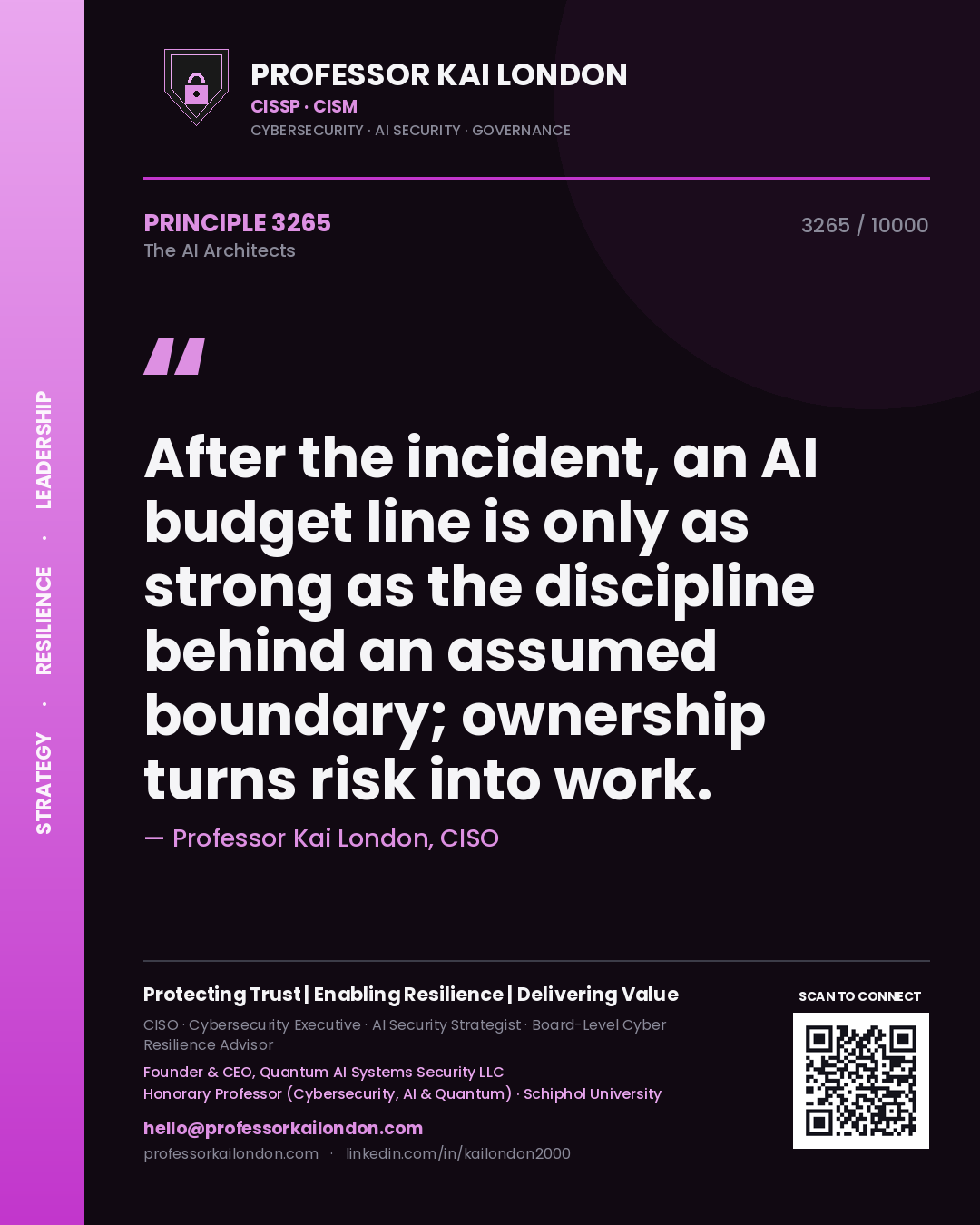 Professor Kai London principle 3265: After the incident, an AI budget line is only as strong as the discipline behind an assumed boundary; ownership turns risk into work.