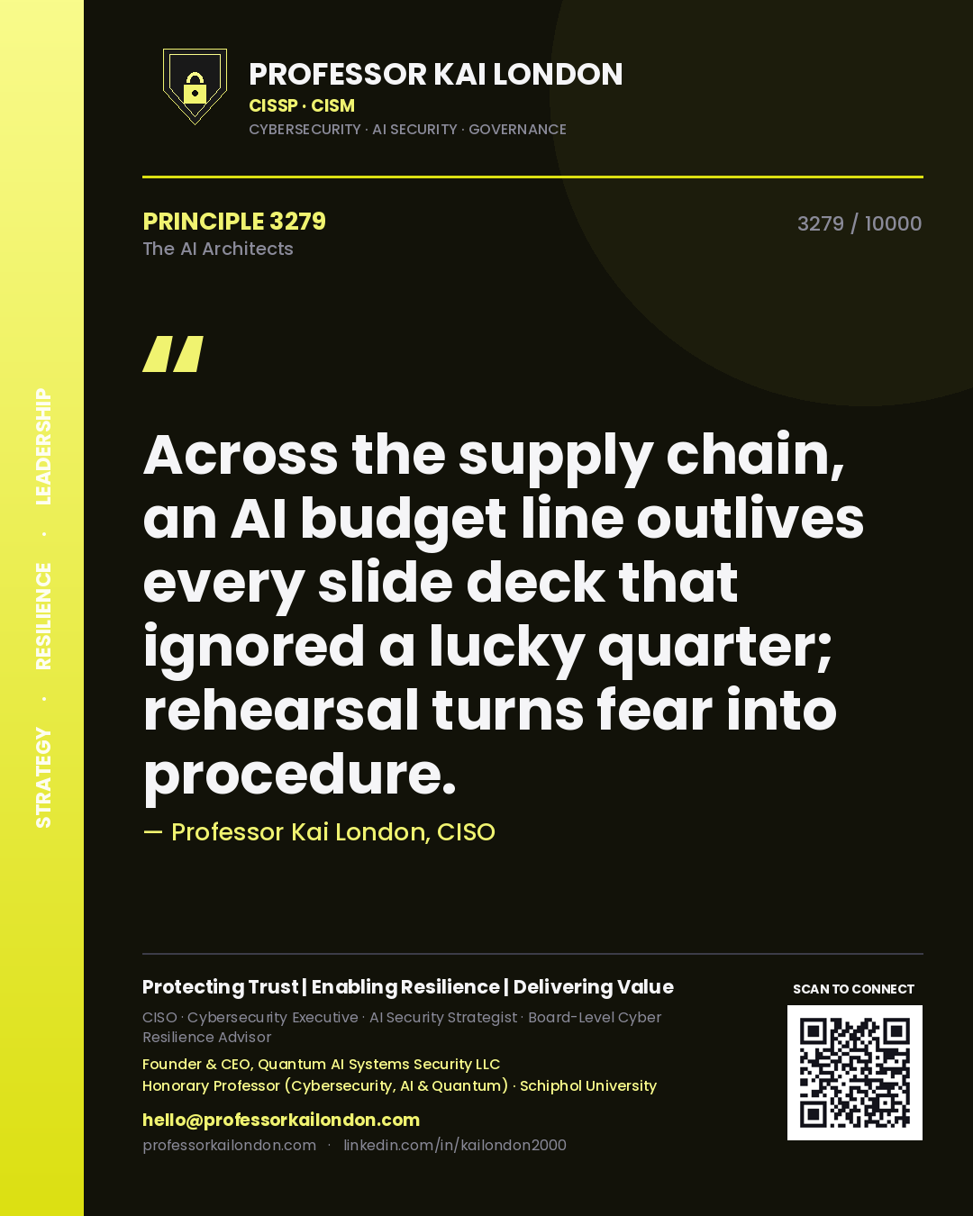Professor Kai London principle 3279: Across the supply chain, an AI budget line outlives every slide deck that ignored a lucky quarter; rehearsal turns fear into procedure.