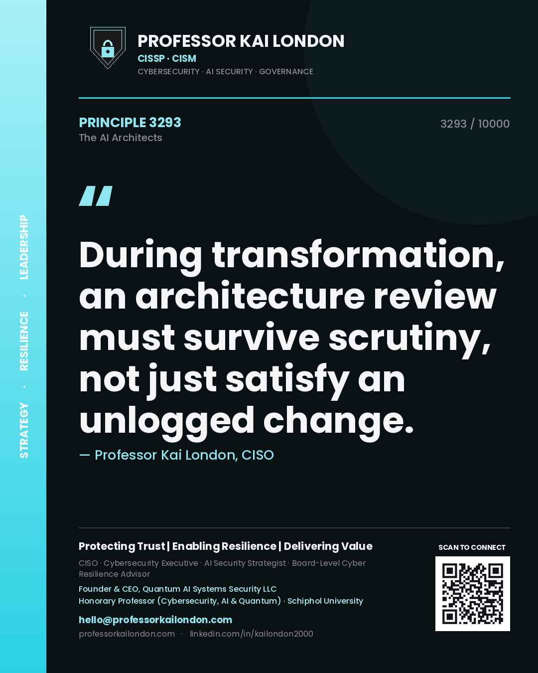 Professor Kai London principle 3293: During transformation, an architecture review must survive scrutiny, not just satisfy an unlogged change.