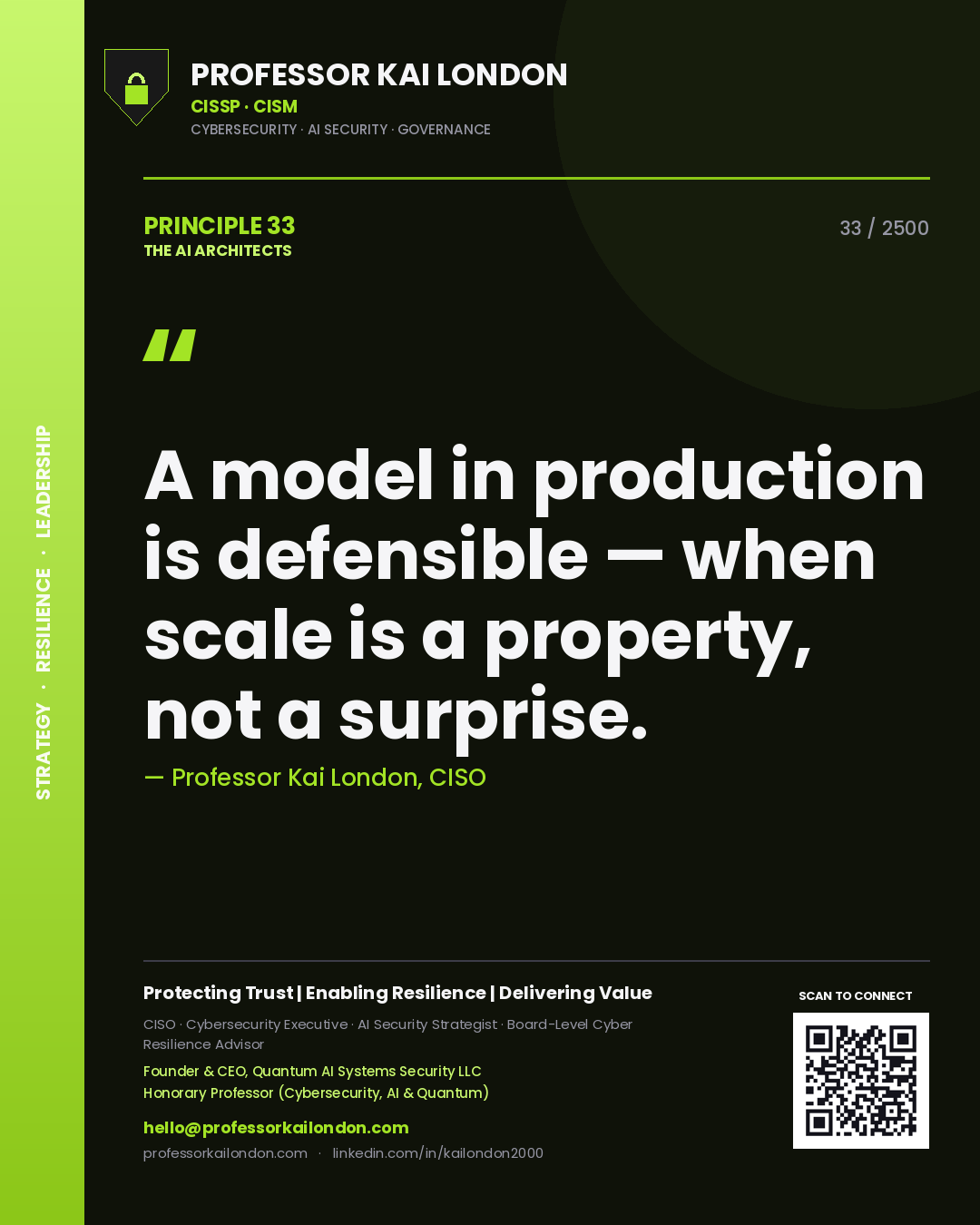 Professor Kai London principle 33: A model in production is defensible — when scale is a property, not a surprise.