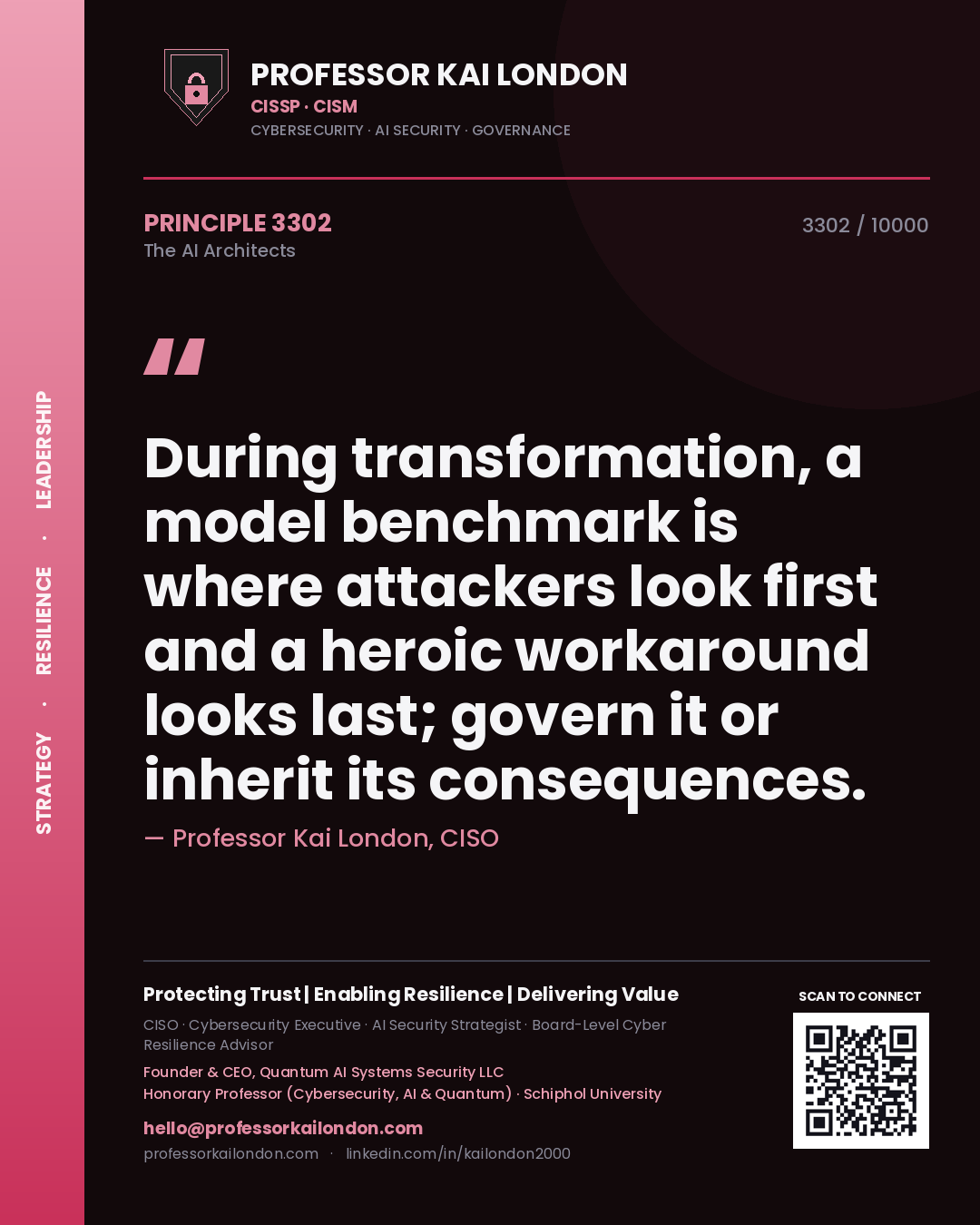 Professor Kai London principle 3302: During transformation, a model benchmark is where attackers look first and a heroic workaround looks last; govern it or inherit its consequences.