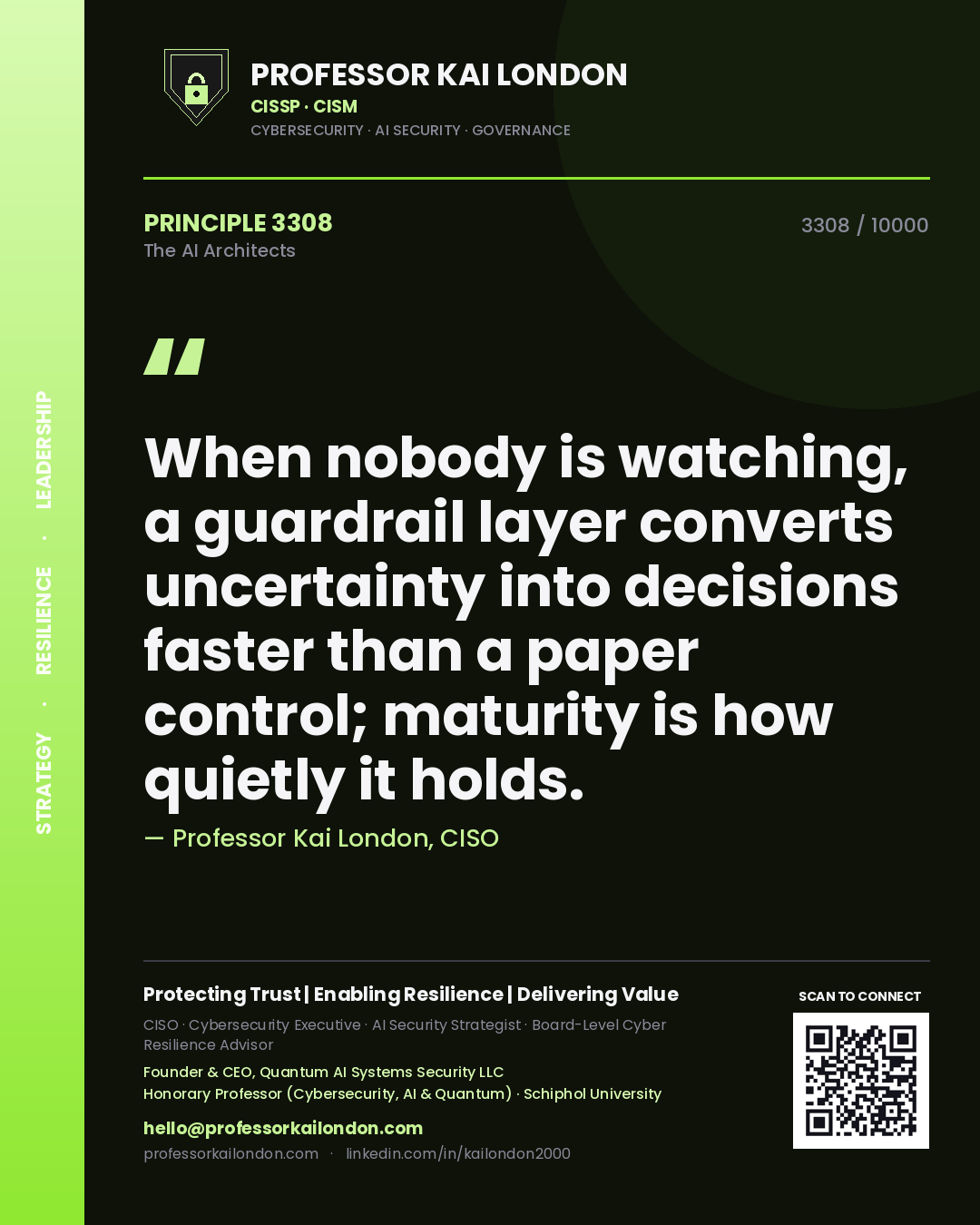 Professor Kai London principle 3308: When nobody is watching, a guardrail layer converts uncertainty into decisions faster than a paper control; maturity is how quietly it holds.