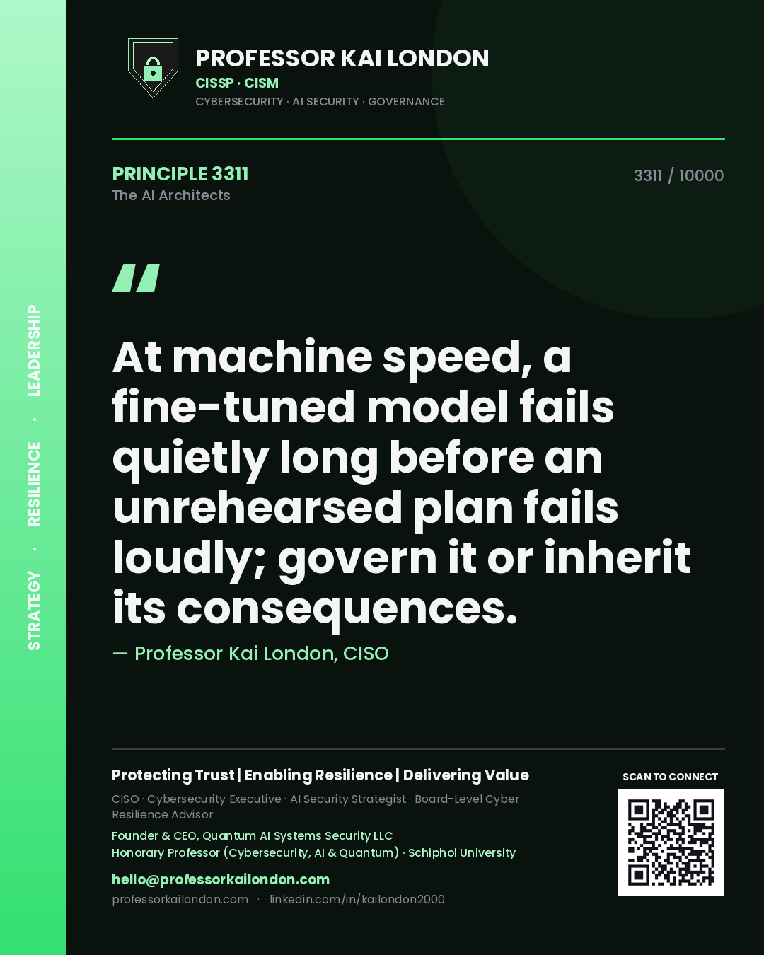 Professor Kai London principle 3311: At machine speed, a fine-tuned model fails quietly long before an unrehearsed plan fails loudly; govern it or inherit its consequences.