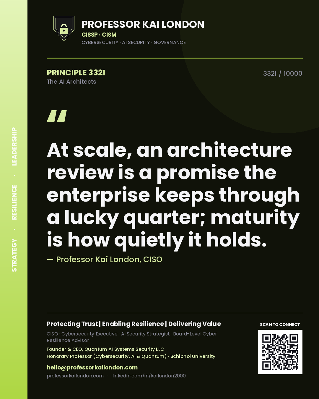 Professor Kai London principle 3321: At scale, an architecture review is a promise the enterprise keeps through a lucky quarter; maturity is how quietly it holds.