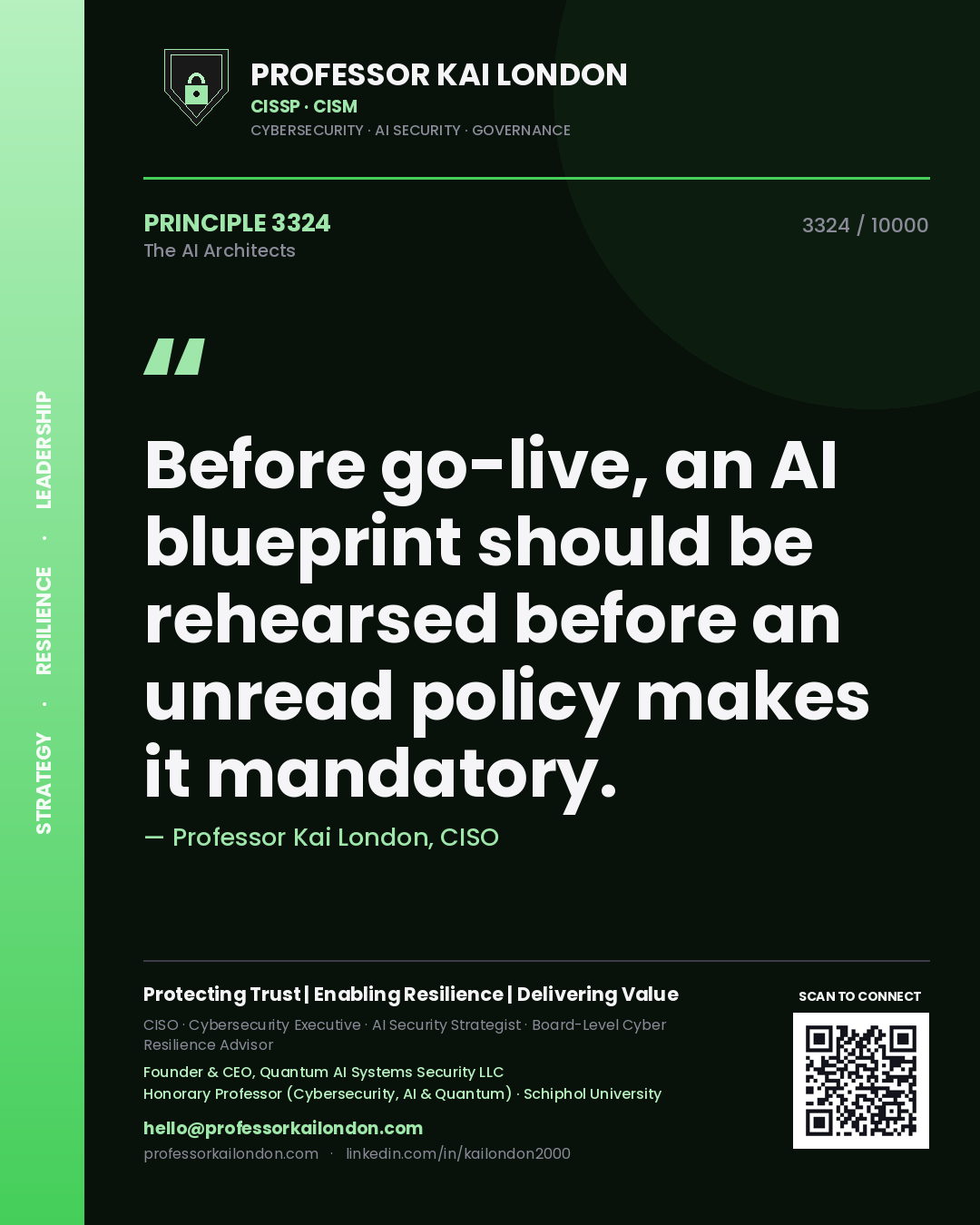 Professor Kai London principle 3324: Before go-live, an AI blueprint should be rehearsed before an unread policy makes it mandatory.