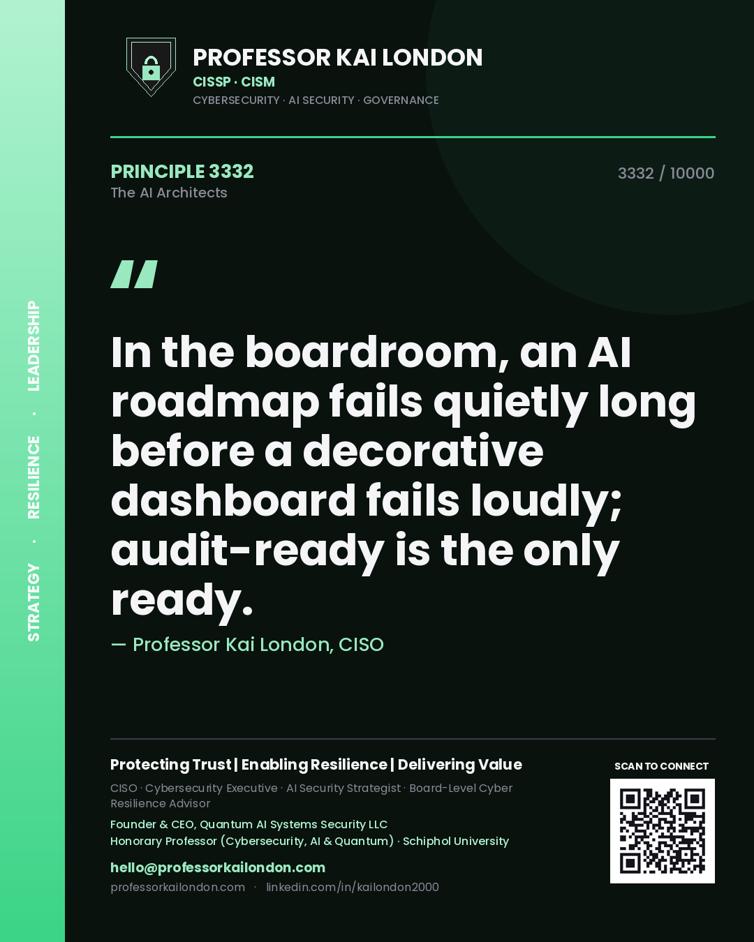 Professor Kai London principle 3332: In the boardroom, an AI roadmap fails quietly long before a decorative dashboard fails loudly; audit-ready is the only ready.
