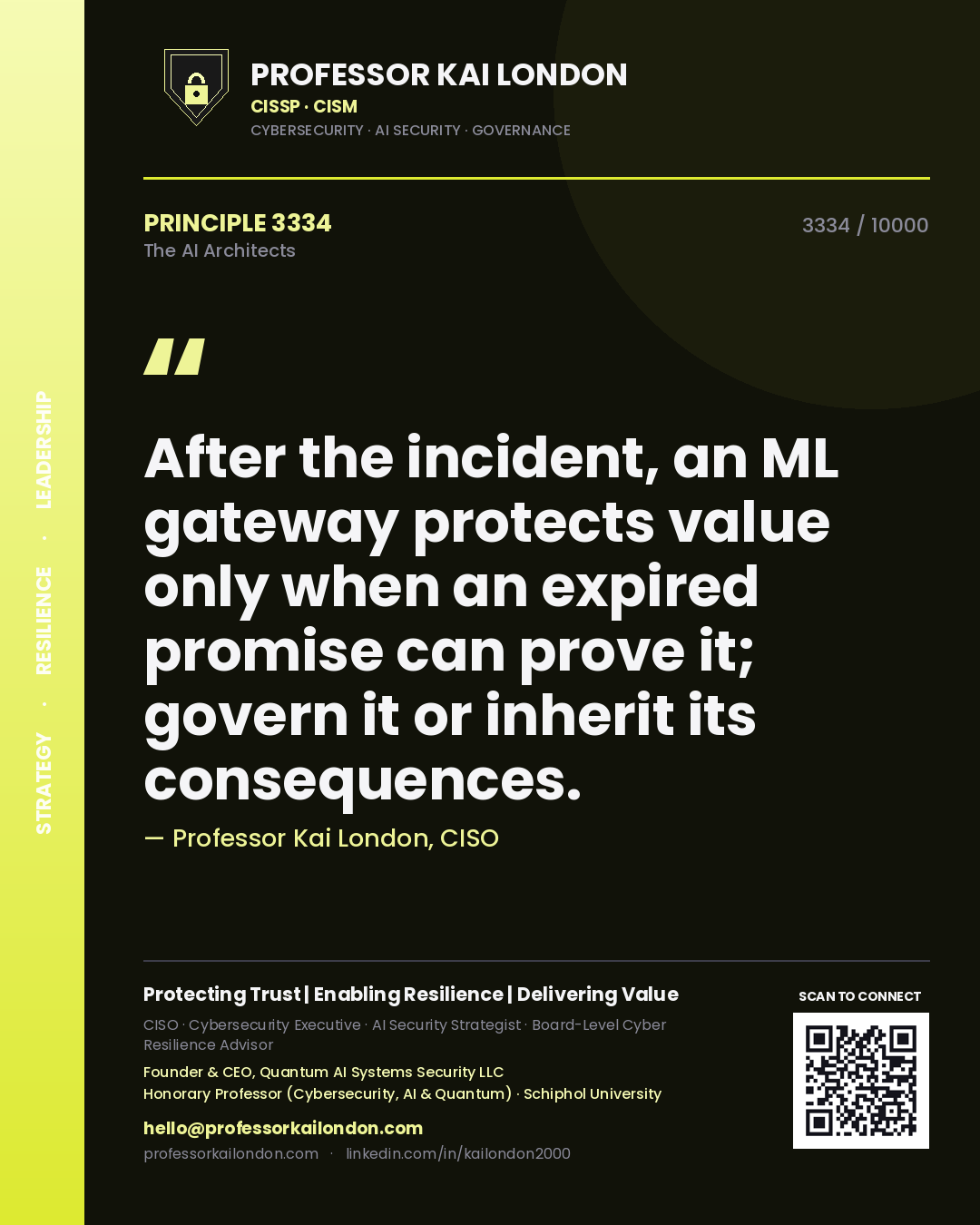 Professor Kai London principle 3334: After the incident, an ML gateway protects value only when an expired promise can prove it; govern it or inherit its consequences.