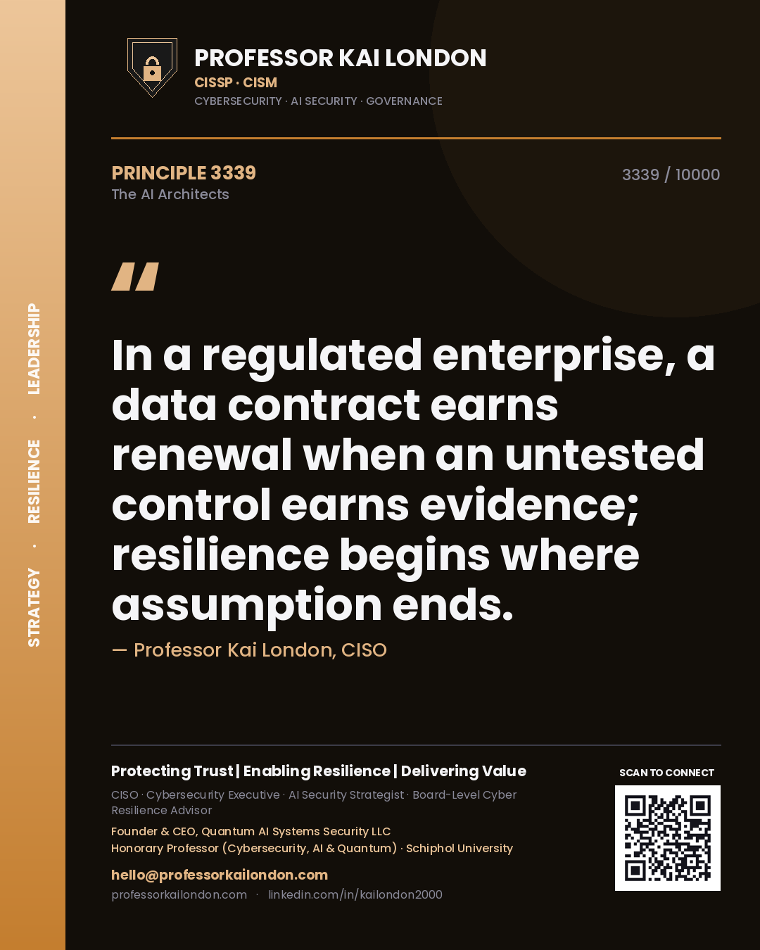 Professor Kai London principle 3339: In a regulated enterprise, a data contract earns renewal when an untested control earns evidence; resilience begins where assumption ends.