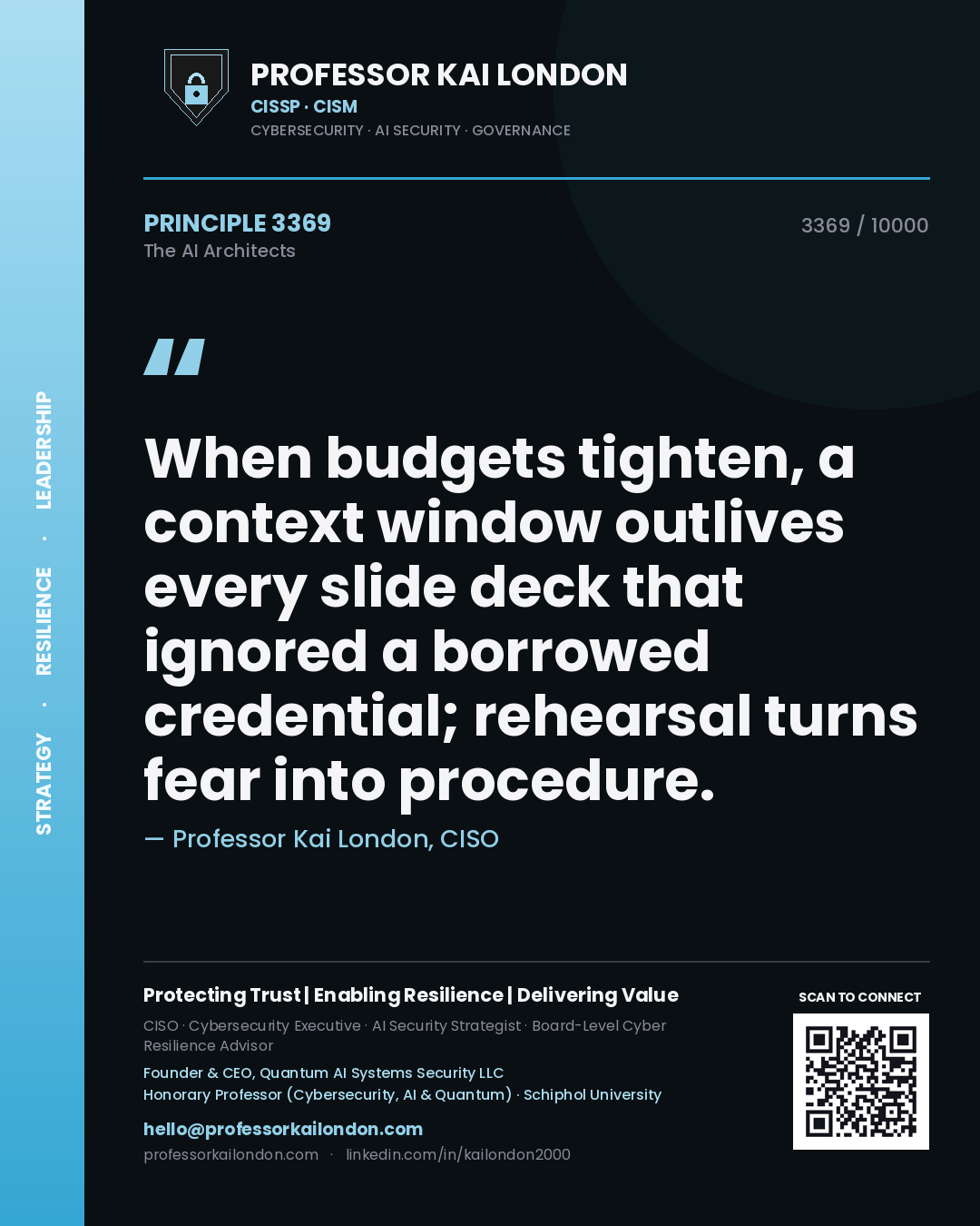 Professor Kai London principle 3369: When budgets tighten, a context window outlives every slide deck that ignored a borrowed credential; rehearsal turns fear into procedure.