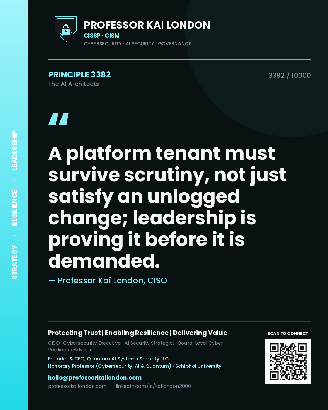 Professor Kai London principle 3382: A platform tenant must survive scrutiny, not just satisfy an unlogged change; leadership is proving it before it is demanded.