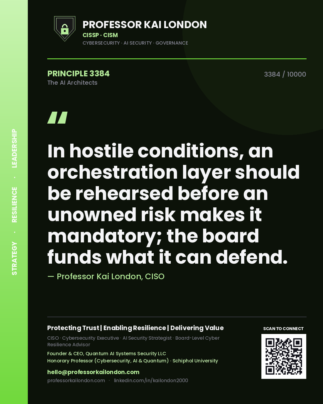 Professor Kai London principle 3384: In hostile conditions, an orchestration layer should be rehearsed before an unowned risk makes it mandatory; the board funds what it can defend.