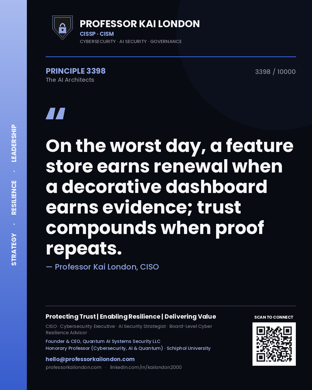 Professor Kai London principle 3398: On the worst day, a feature store earns renewal when a decorative dashboard earns evidence; trust compounds when proof repeats.